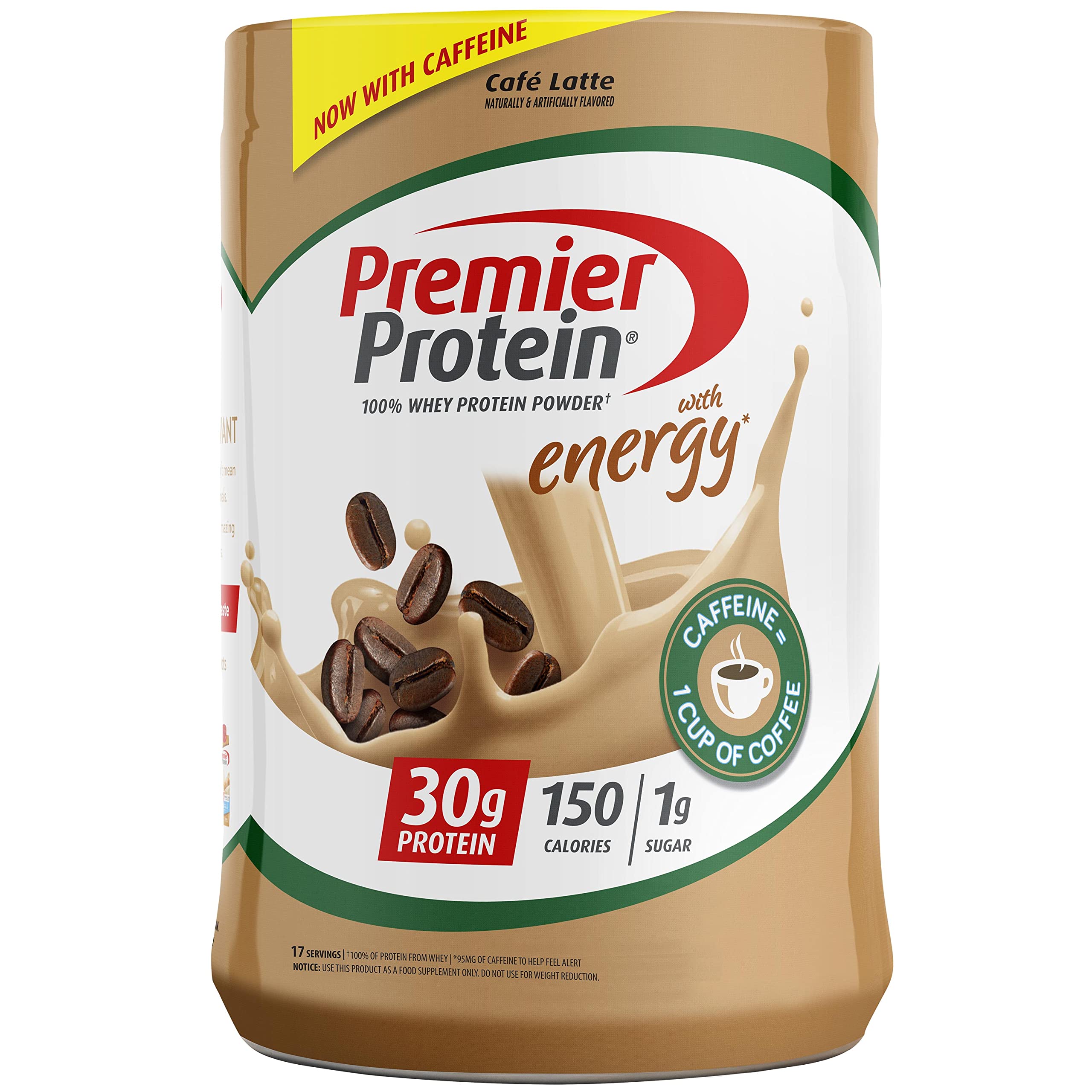 Premier Protein Powder - Cafe Latte Flavor, 30g Protein, 1g Sugar, 100% Whey Protein | Keto Friendly, Soy Free, Gluten Free | 17 Servings (23.9 oz) for Post-Workout Recovery & Weight Management
