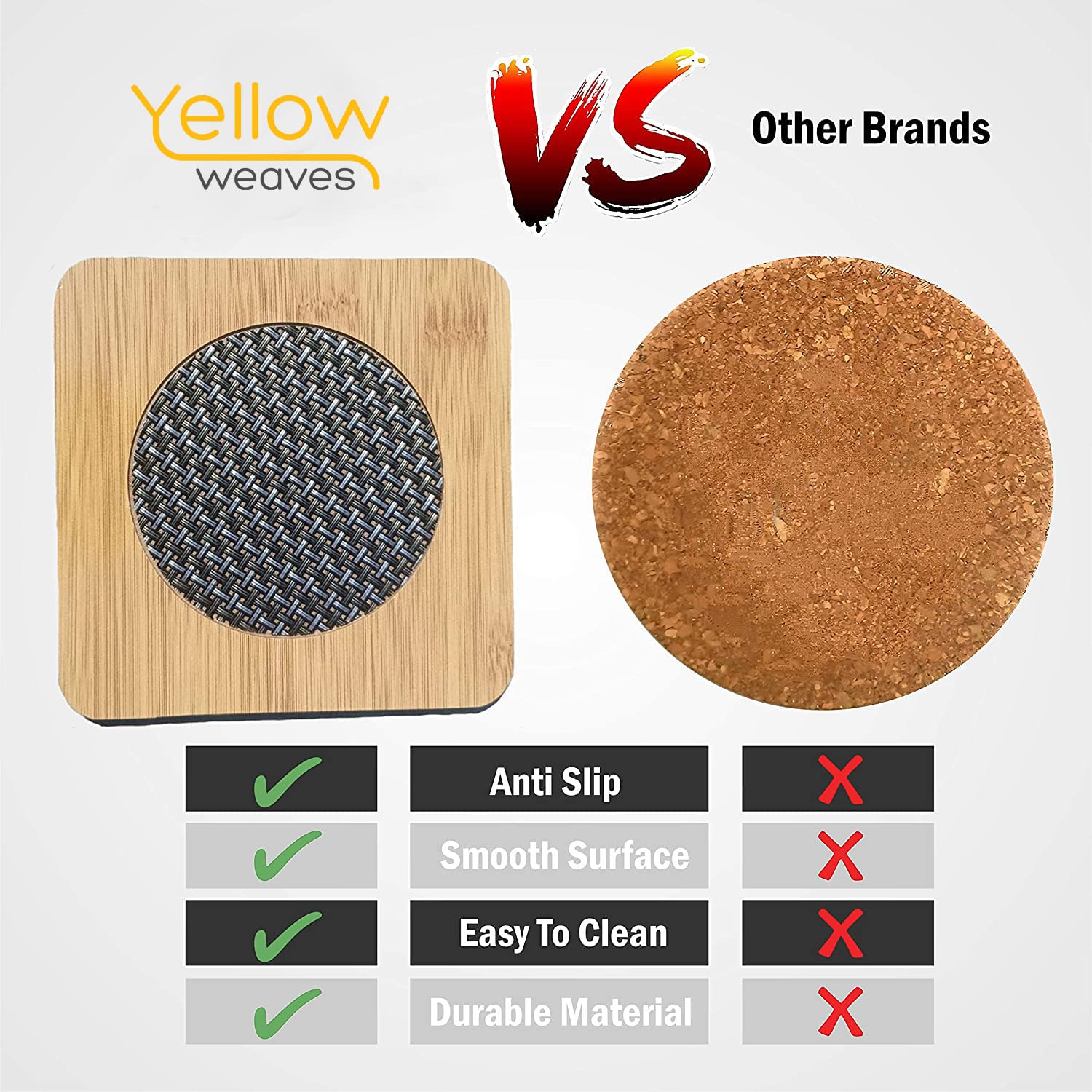 4-Piece Yellow Bamboo Wood Coasters Set - Heat Resistant Table Mats for Pans & Pots (15x15cm) - Perfect for Kitchen, Dining, and Outdoor BBQ Use