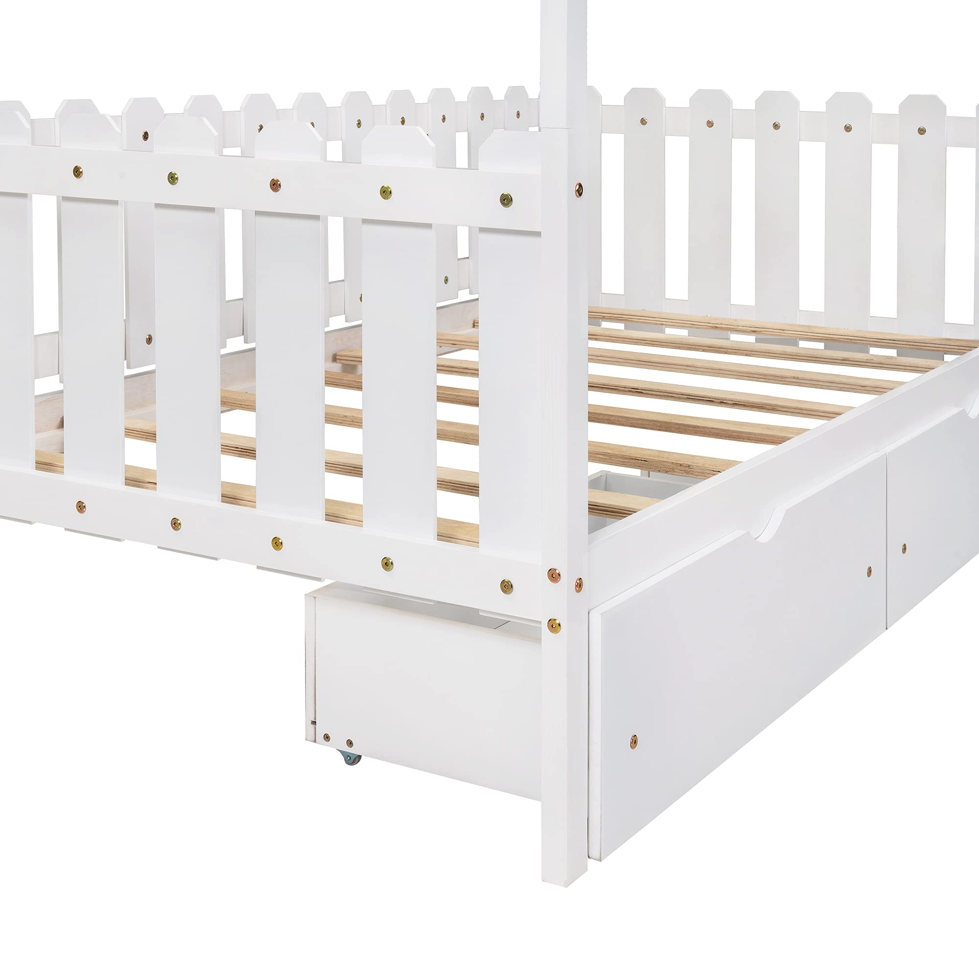 Modern Wooden Twin Size Platform Bed with 6 Drawers - Low Profile Daybed with Fence-Shaped Guardrail, No Box Spring Needed - Perfect for Small Bedrooms, Guest Rooms & Studio Apartments (White)
