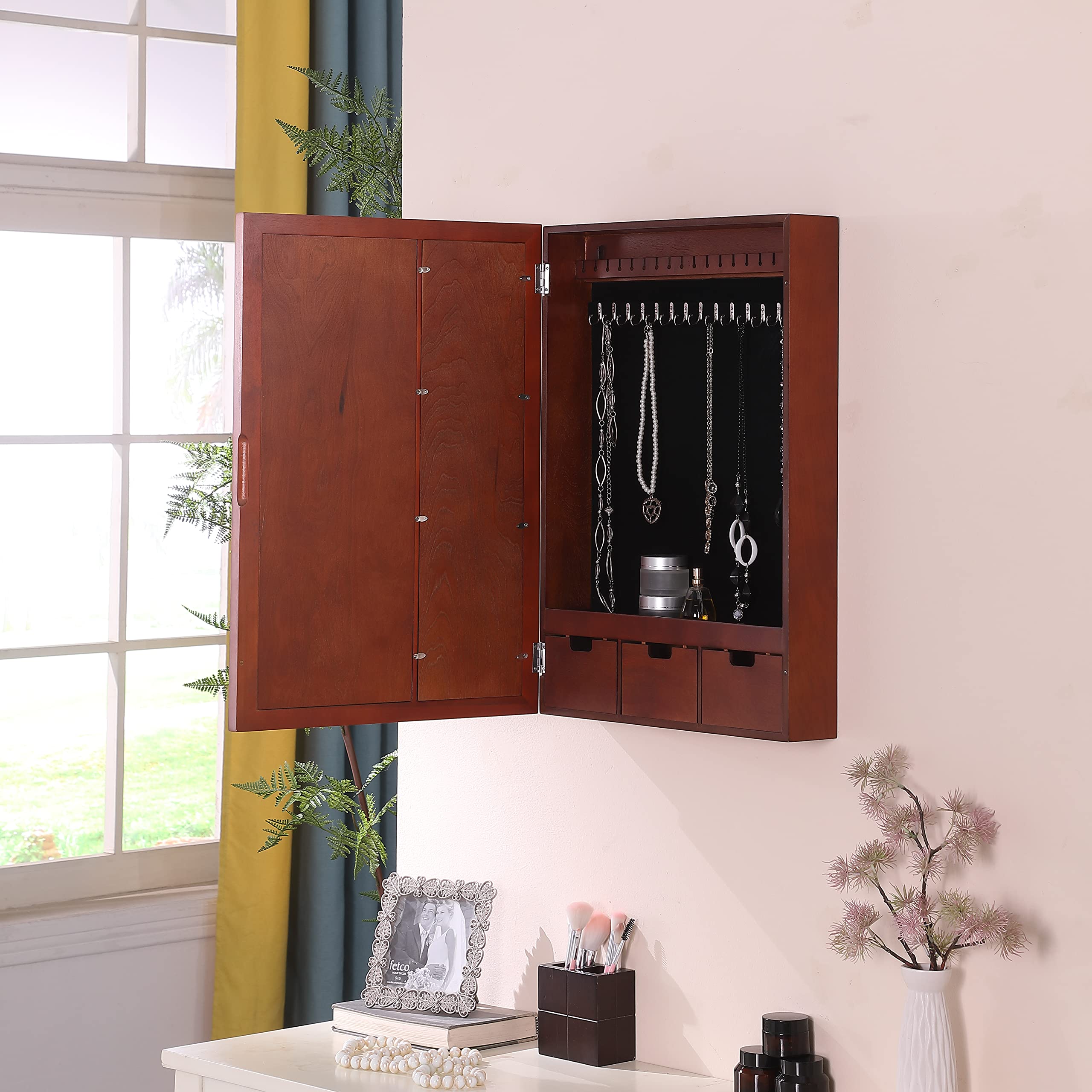 Proman Products Bellissimo Collection Jewelry Armoire - Mahogany Wood Jewelry Organizer with Mirror | Perfect for Bedroom, Closet & Gift Giving