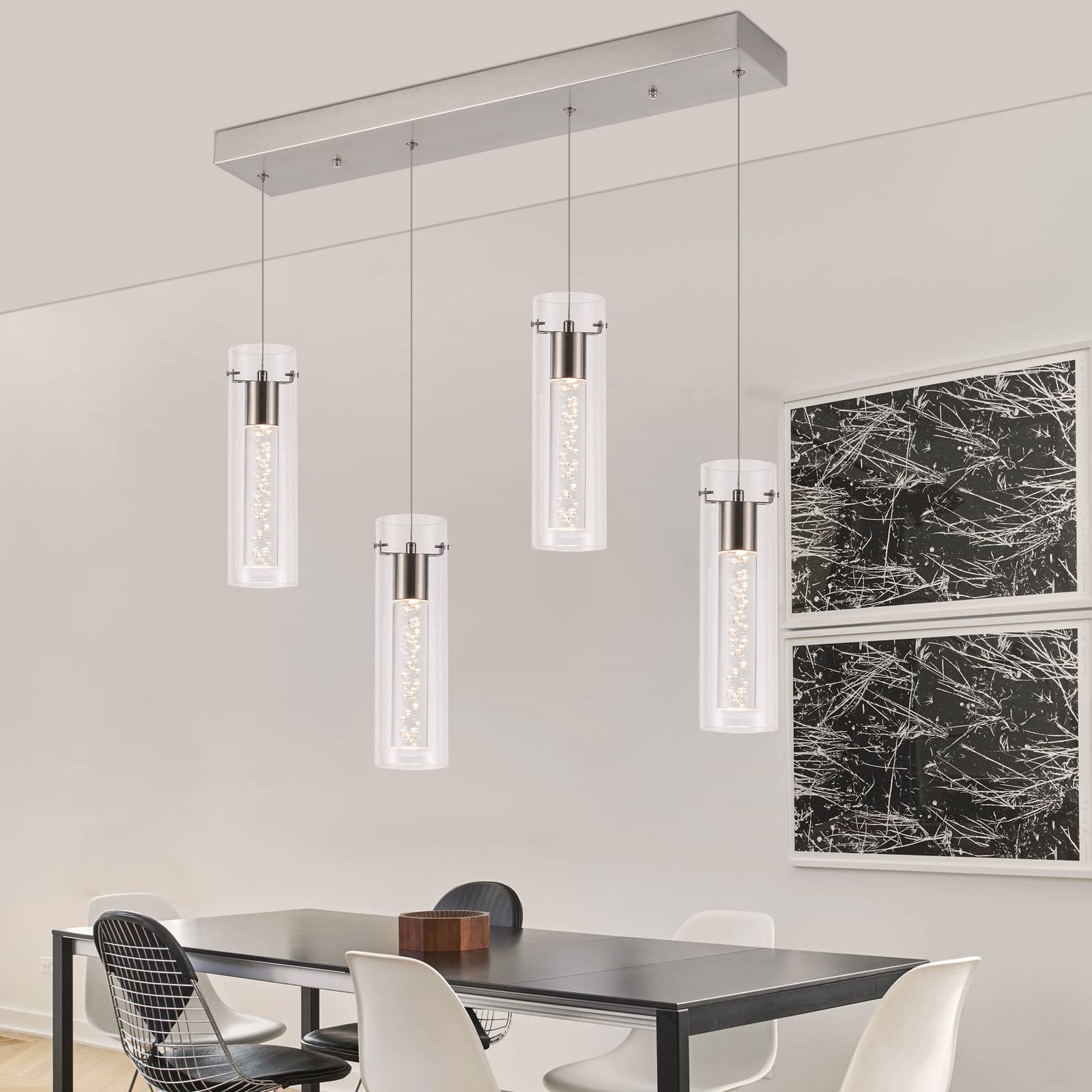 Dimmable LED Hanging Pendant Lights with Remote Control - 4-Light Brushed Nickel Fixture, Adjustable Warm/White/Cool Lighting for Kitchen Island, Dining Room, Restaurant, Living Room & Bedroom | Perfect for Modern Home Decor and Commercial Spaces