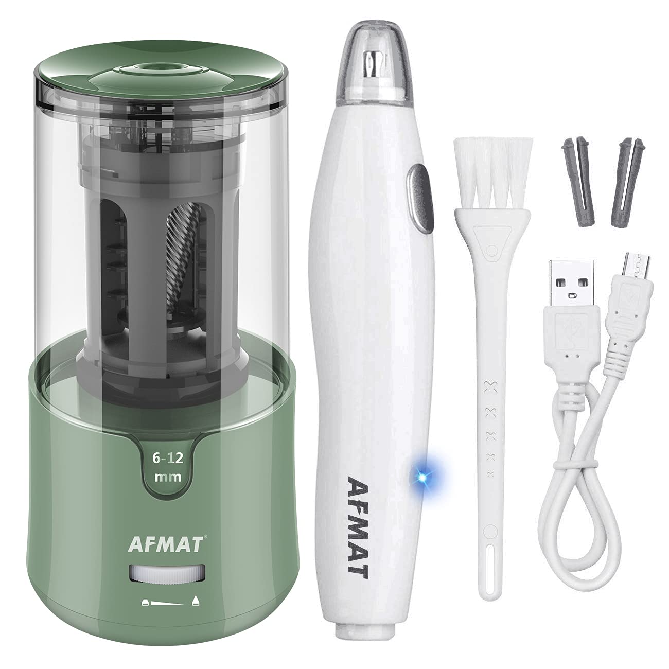 AFMAT Electric Pencil Sharpener & Eraser Kit - Auto Stop, Super Sharp Fast Sharpener with 140 Eraser Refills for Colored Pencils - Rechargeable Electric Eraser for Drawing, Drafting, Art, School & Office Supplies - Perfect for Artists, Students & Professionals