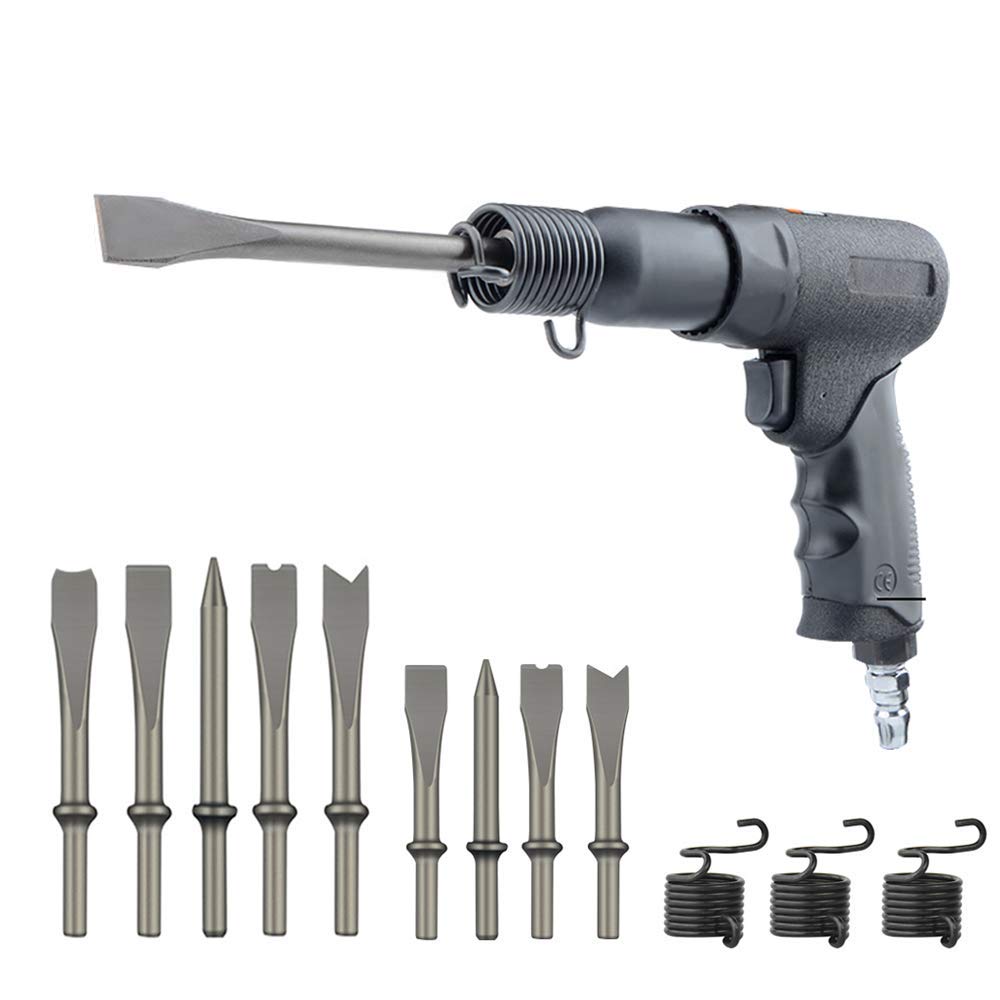 MXBAOHENG 190B Pneumatic Concrete Breaker - Heavy Duty Demolition Hammer with 9 Chisels & 3 Spring Coil Retainers - Rust Remover for Construction, Road Repair, and Metal Surface Cleaning - Perfect for Demolition, Concrete Breaking, and Rust Removal Projects