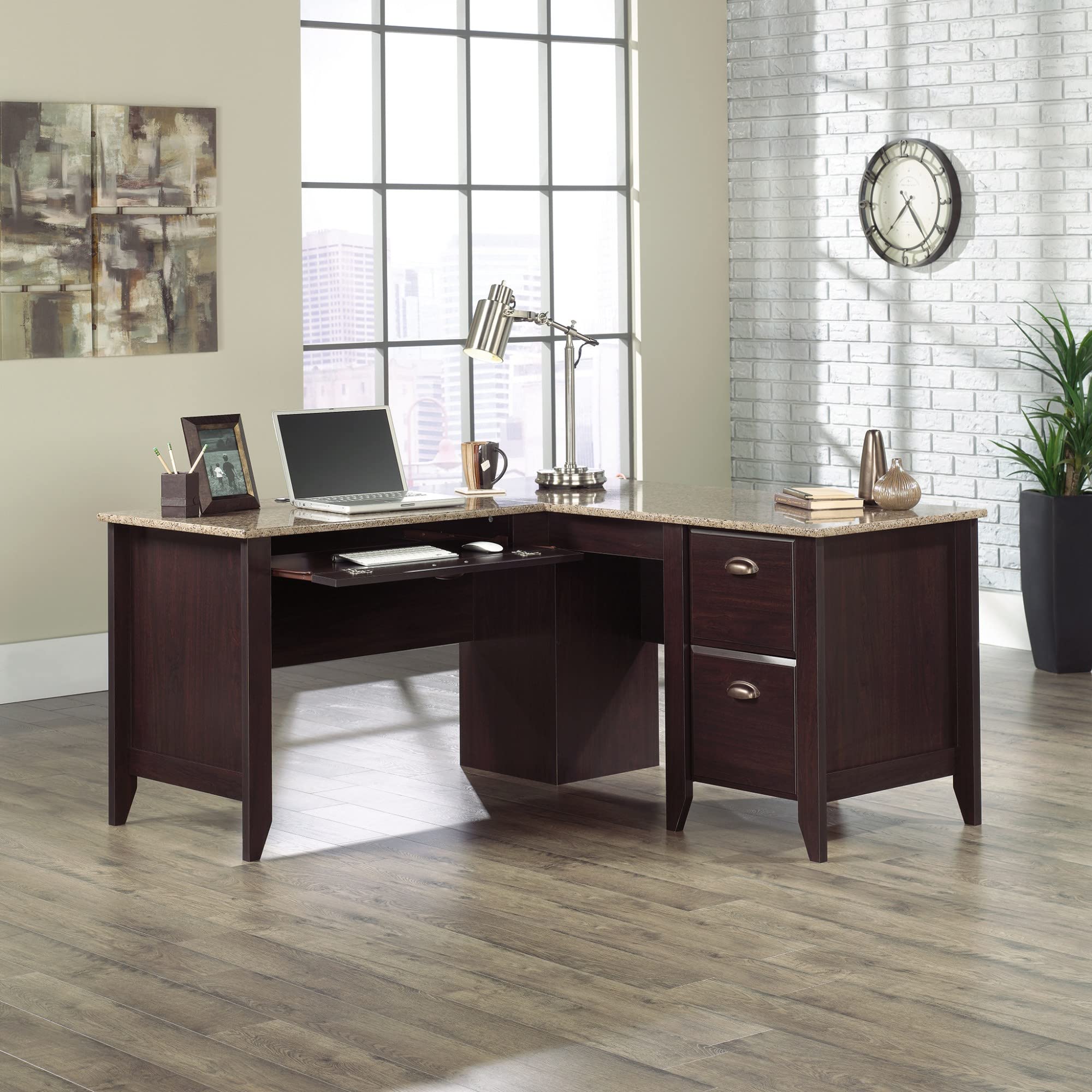 Sauder Samber 60-Inch Wide L-Shaped Transitional Computer Desk in Jamocha Finish - Perfect for Home Office, Gaming Setup & Small Workspaces