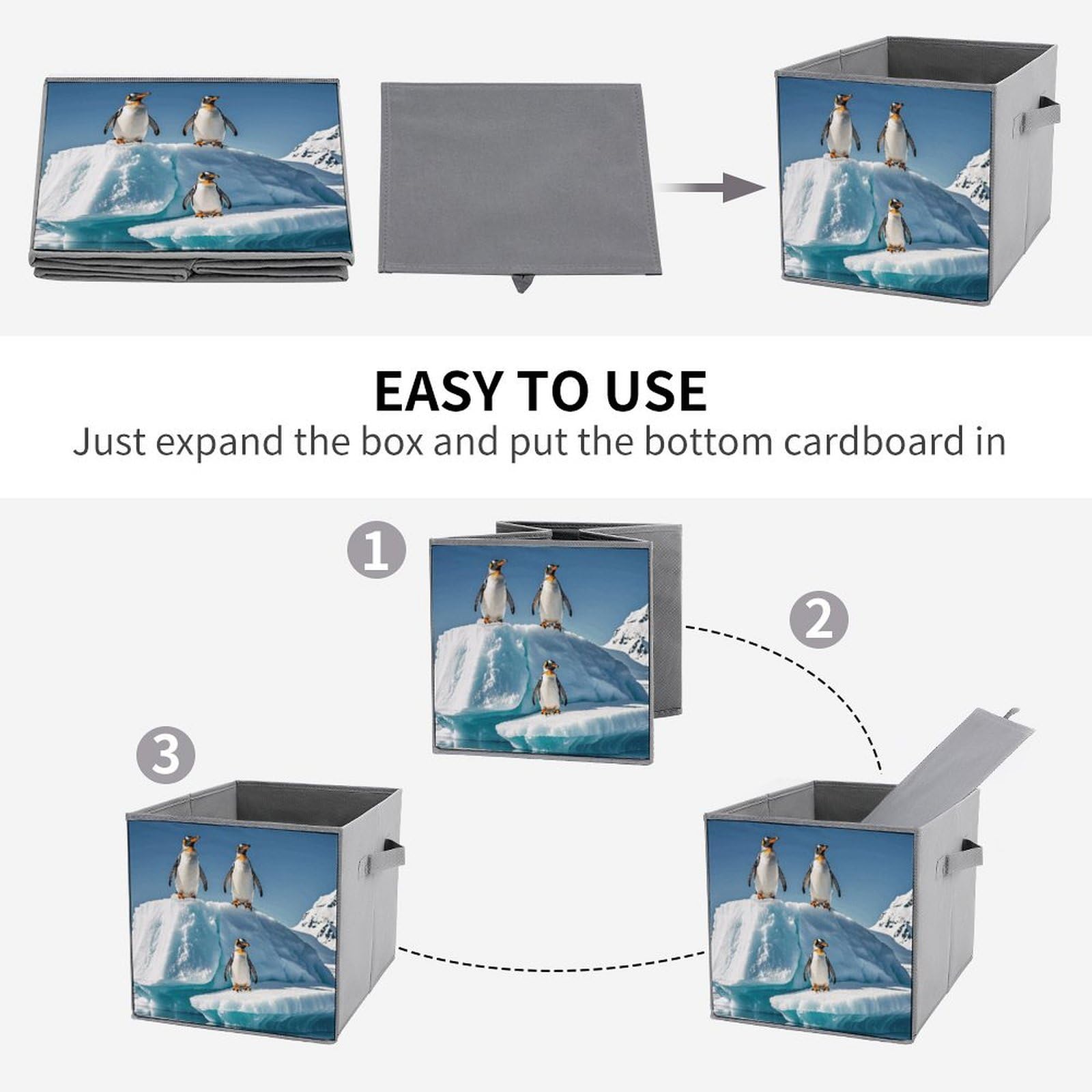 6PCS Collapsible Storage Bins with Handles - Penguin on Iceberg Printed Foldable Organizing Boxes for Home, Kitchen, Bathroom & Office - Space Saving Storage Containers for Shelves, Closet & Pantry Organization
