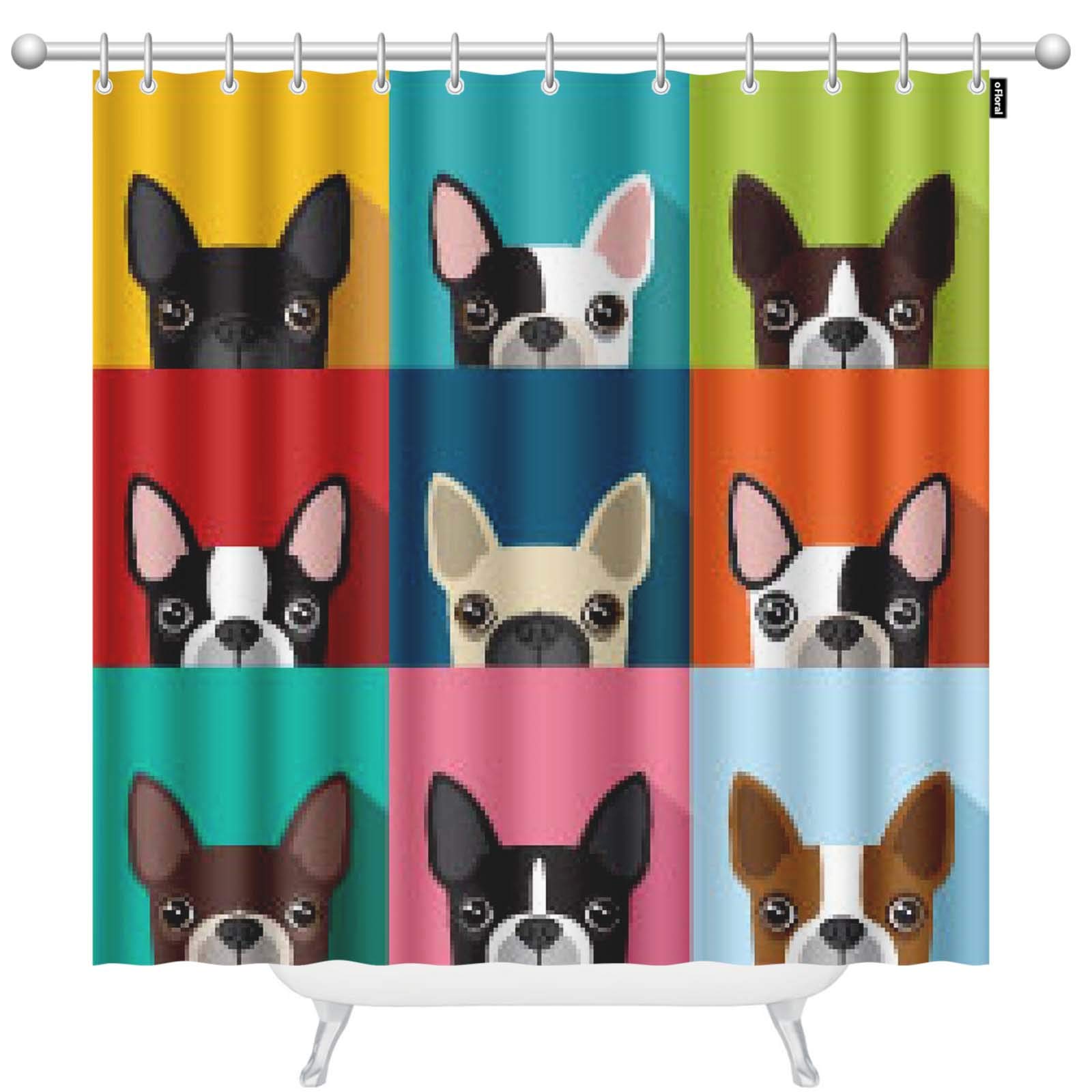 Floral Dog Shower Curtain Set with 12 Hooks - Colorful Cartoon Boston Terrier Face Pattern Bathroom Decor (72x78 Inch) - Waterproof Bath Curtain for Pet Lovers' Modern Bathroom Accessories