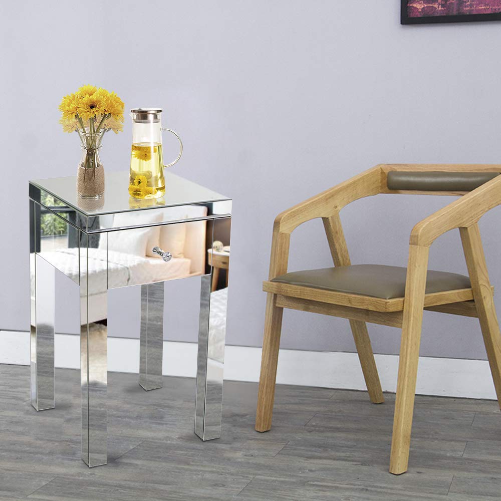 Goujxcy Modern Mirrored End Table with Drawer - Silver Finish Accent Nightstand for Bedroom, Living Room & Office | Stylish Bedside Table with Storage Space