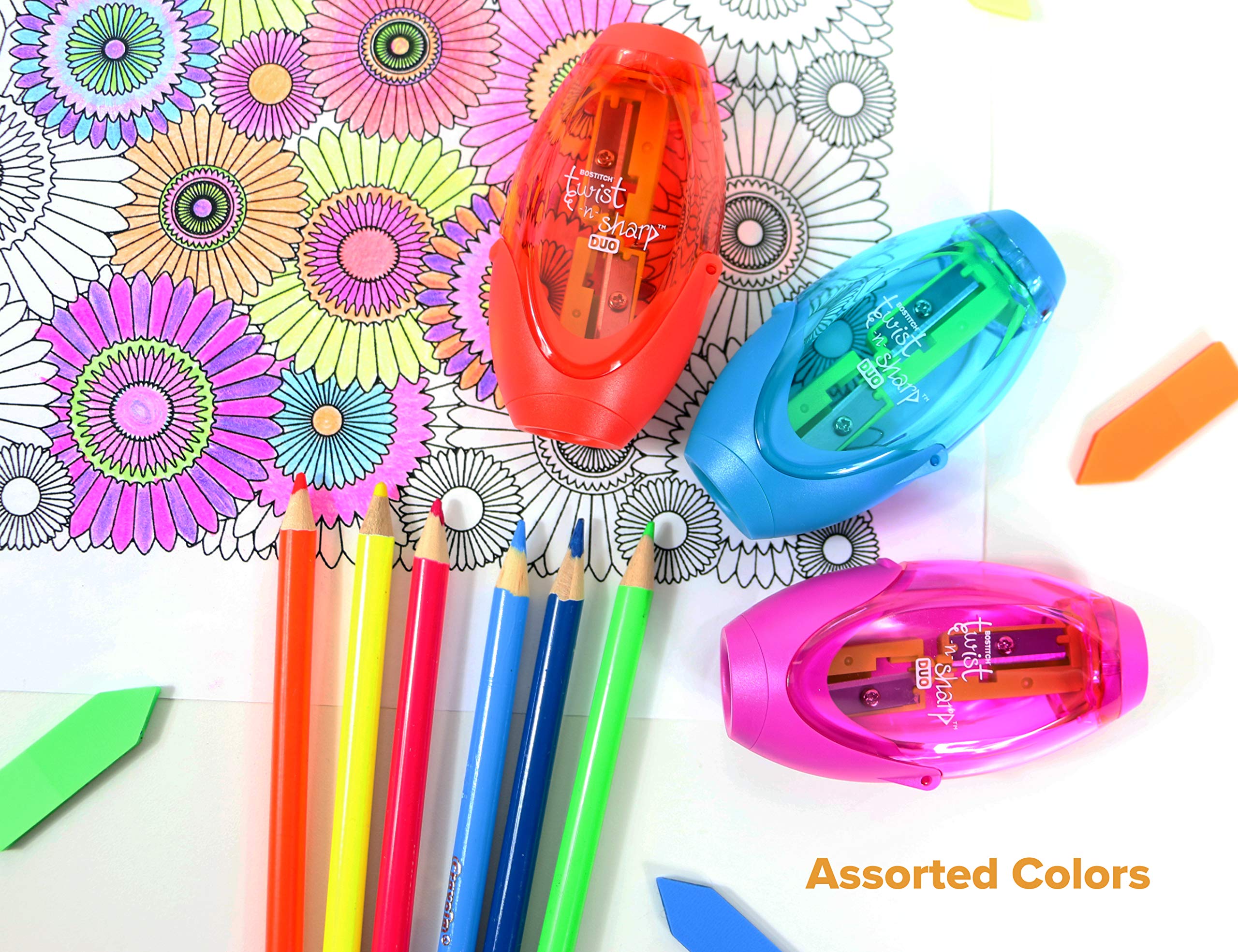 Bostitch Twist-N-Sharp Manual Pencil Sharpener - Dual Hole for Standard & Jumbo Pencils with Ratchet Technology - Random Color - Perfect for Office, School, and Art Projects