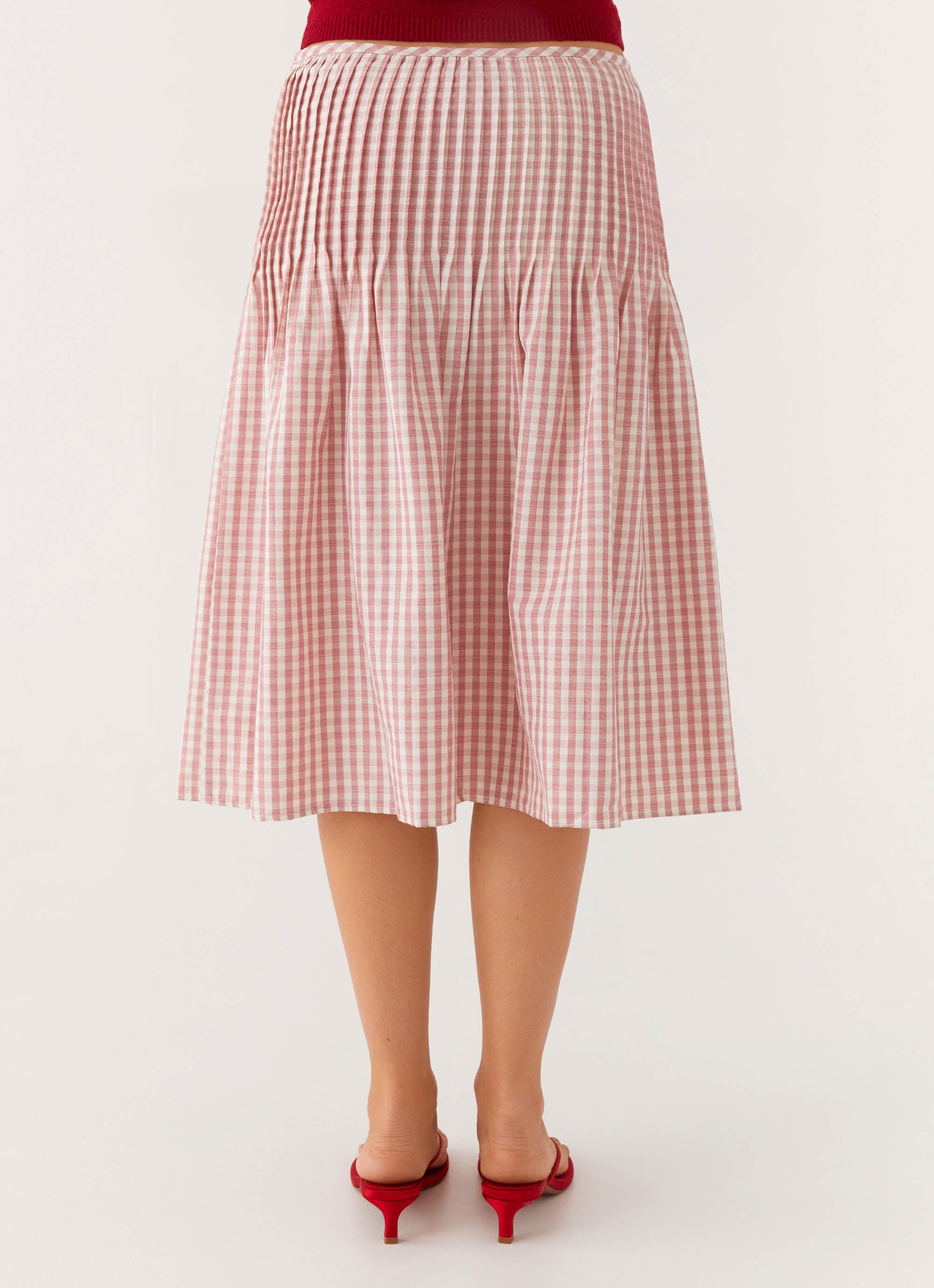 Dreamscape Midi Skirt for Women - Maroon Gingham Plaid Flowy A-Line Skirt | Perfect for Casual Outings, Date Nights & Summer Vacations