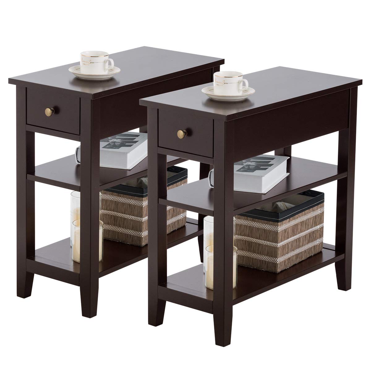 Giantex Narrow End Table Set of 2 - Small Side Table with Drawer & Shelf, Wood Accent Sofa Table & Skinny Nightstand for Small Spaces - Espresso Finish - Perfect for Living Room, Bedroom & Apartment Decor