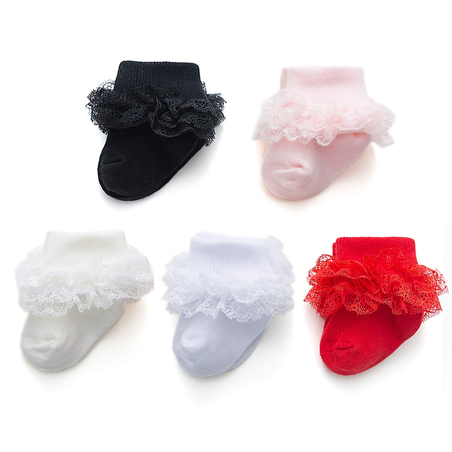 EPEIUS Baby Girls Lace Socks - Eyelet Ruffled Dressy Ankle Socks for Newborn, Infant & Toddler (3/5 Pairs) | Perfect for Special Occasions, Photo Shoots & Everyday Cute Outfits