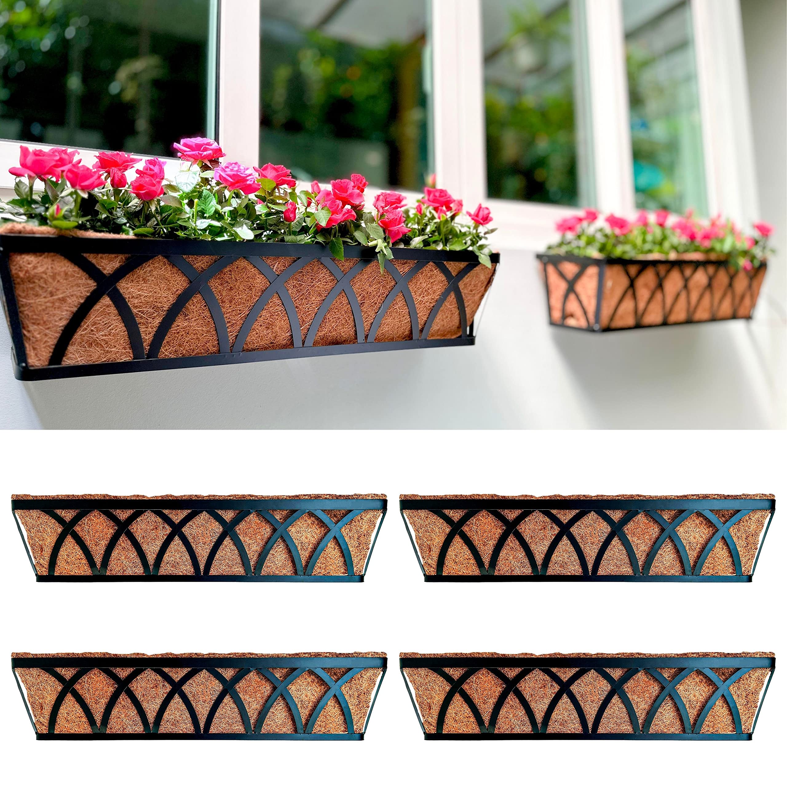 LaLaGreen Wall Planter (4 Pack, 30 Inch) - Large Outdoor Railing Planter Box with Coco Liner, Metal Balcony Flower Basket for Deck, Fence, Window & Porch | Perfect for Houseplants, Herbs & Flowers - Ideal for Balcony Decor, Garden Landscaping & Home Improvement Projects