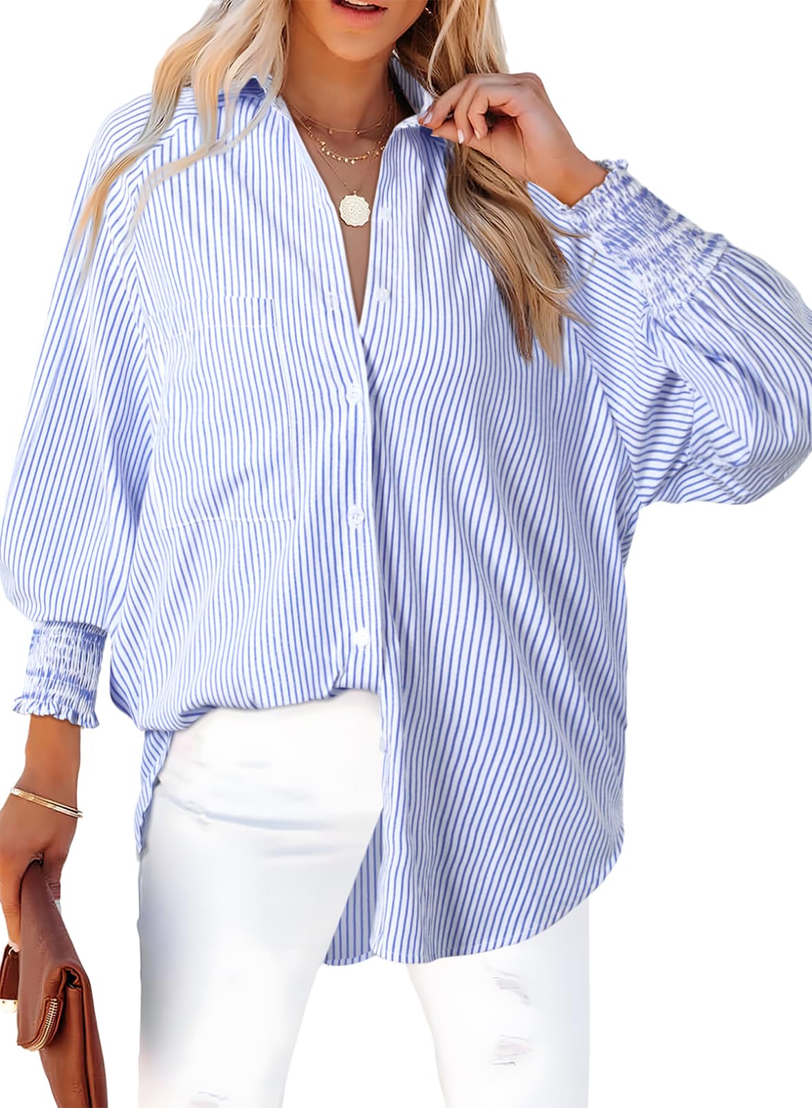 Dokotoo Women's V-Neck Striped Button Down Shirt - Long Sleeve Tunic Top for Work, Office & Casual Outfits | Comfortable & Stylish Blouse for Everyday Wear
