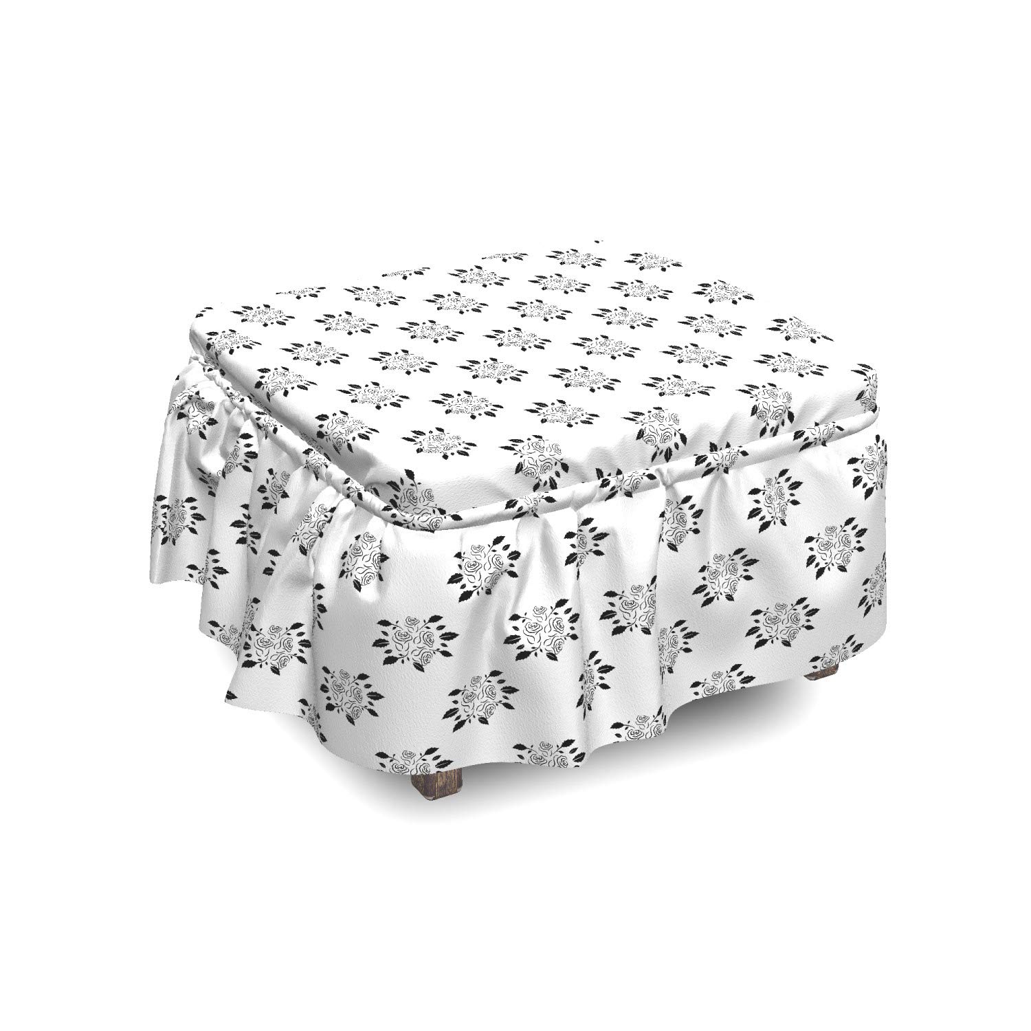 Ambesonne 2-Piece Wedding Ottoman Slipcover Set - Rose Bloom Bouquets Romance Design with Ruffle Skirt for Square/Round Cube Footstools, Charcoal Grey & White Home Decor | Perfect for Living Room, Bedroom & Wedding Decorations