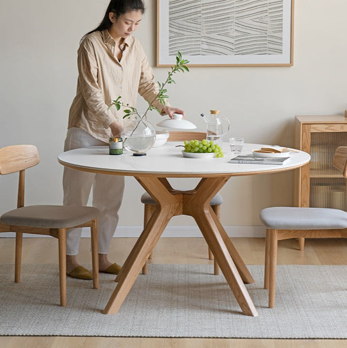 Solid Oak Wood Round Nordic Dining Table with Rock Slab Surface - Modern Farmhouse Kitchen & Dining Room Furniture for Family Gatherings