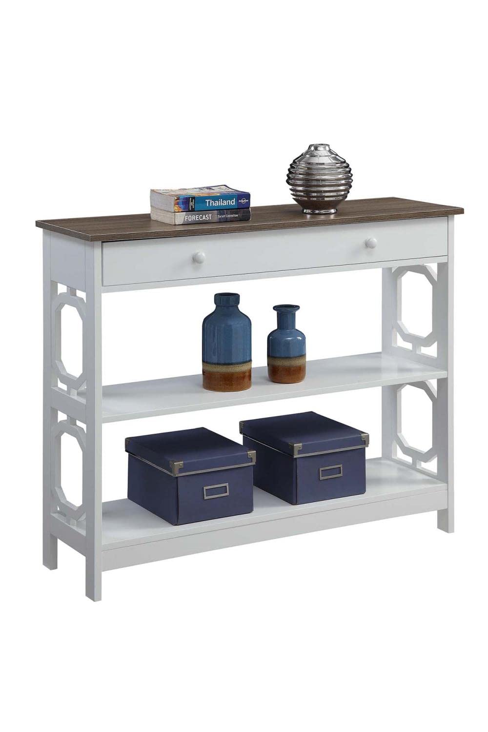 Convenience Concepts Omega 1-Drawer Console Table - Driftwood Top & White Frame - Entryway Sofa Table for Living Room, Hallway, or Bedroom Decor