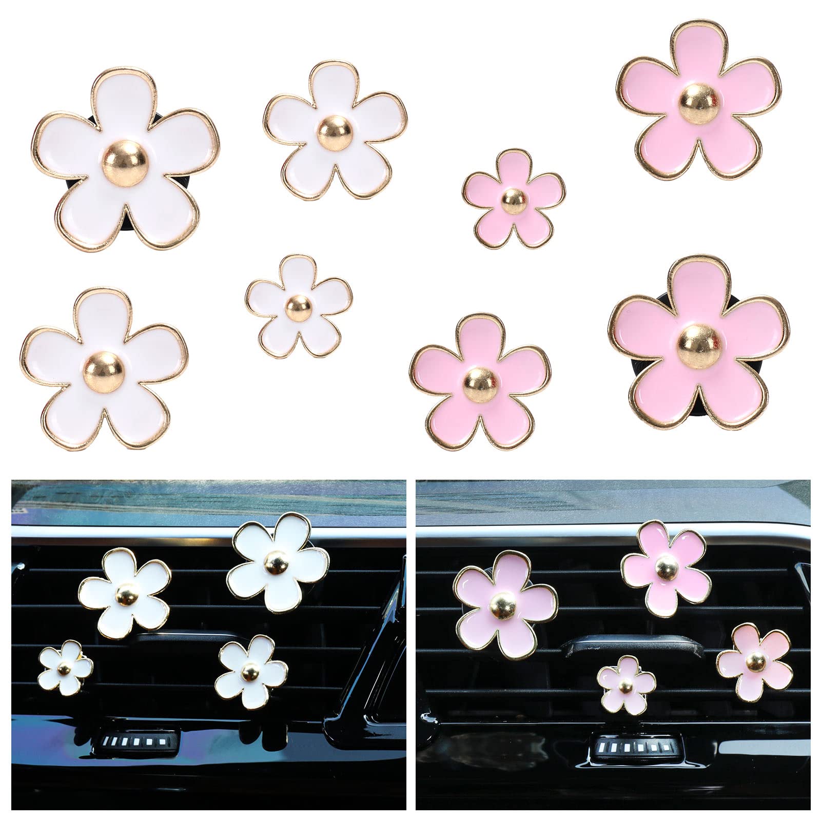 8PCS Whaline Daisy Flower Car Air Vent Clips with Fragrance Pads - Pink & White Car Air Freshener Decor, Cute Car Accessories for AC Vents - Perfect for Freshening Your Car, Office or Home Interior