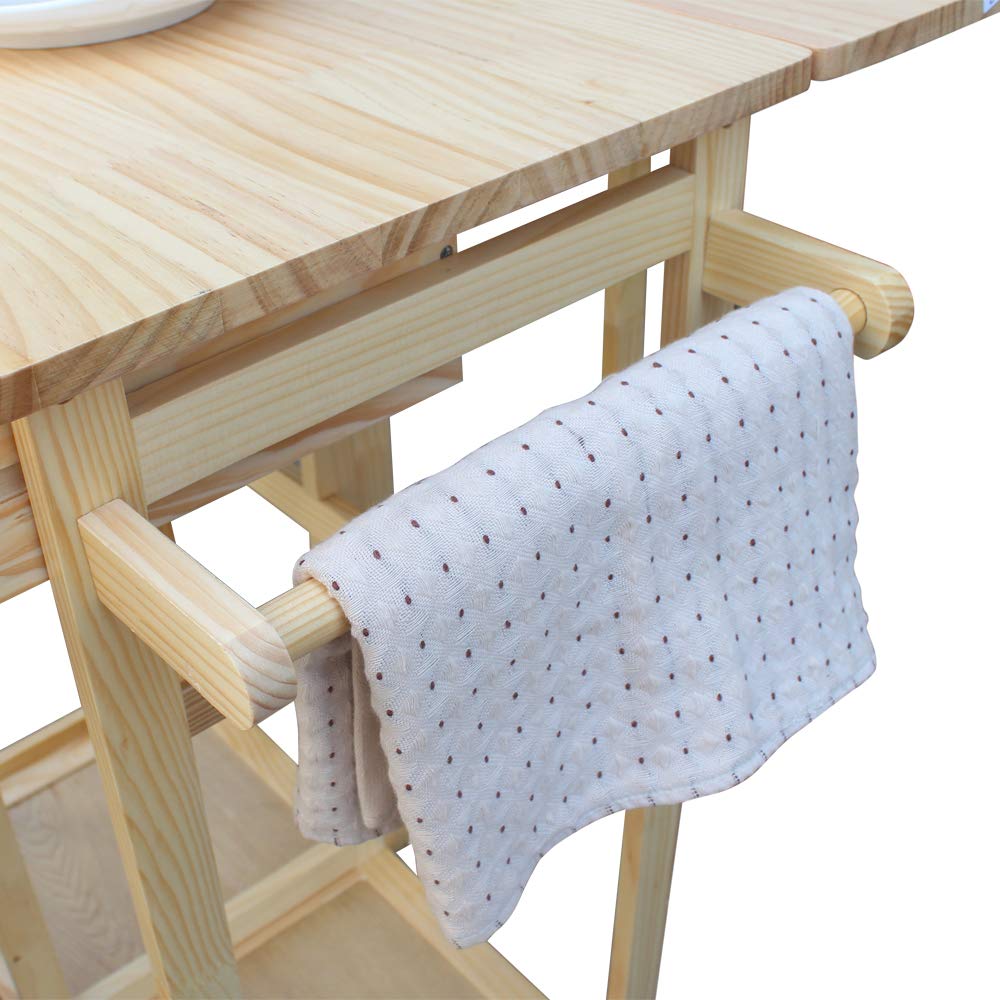 **Solid Wood Kitchen Island Cart with Wheels - Foldable Dining Table & 2 Square Stools, 2 Storage Drawers - Natural Wood Finish for Small Spaces, Breakfast Nook, or Apartment Kitchen**