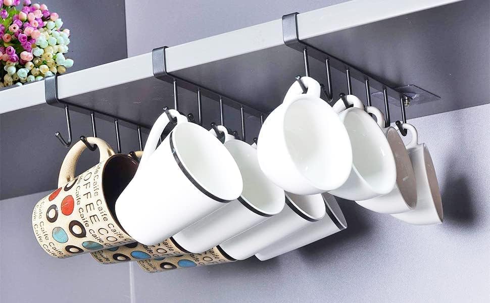 SUNBEET 6-Hook Under Shelf Organizer Rack - Space Saving Cabinet Hooks for Coffee Mugs, Wine Glasses, Keys, Ties, Belts & Scarves - Durable Metal Kitchen Storage Solution (3-Pack) - Perfect for Pantry, Bathroom & Closet Organization