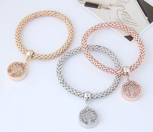 3PCS Gold Silver Rose Gold Corn Chain Bracelet Set - Tree of Life Heart Shaped Stretch Bracelet with Crystal Charms, Multi Layer Boho Bracelets for Women | Perfect for Parties, Gifts & Everyday Wear