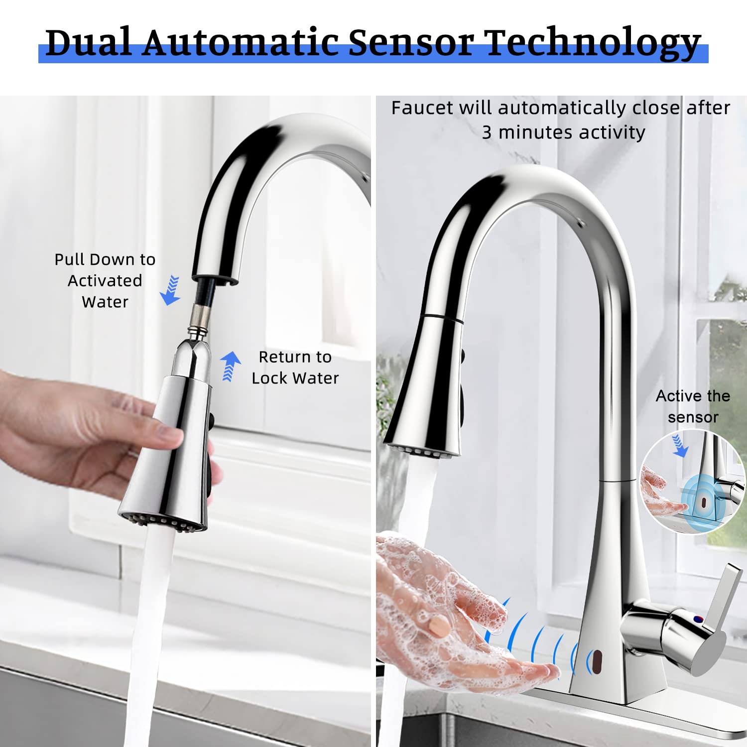 ANBSR Touchless Kitchen Faucet with Motion Sensor - High Arc Pull Down Sprayer, Single Handle Design for 1 or 3 Hole Installation, Polished Chrome Finish - Perfect for Modern Kitchens, Dishwashing, and Hands-Free Cooking