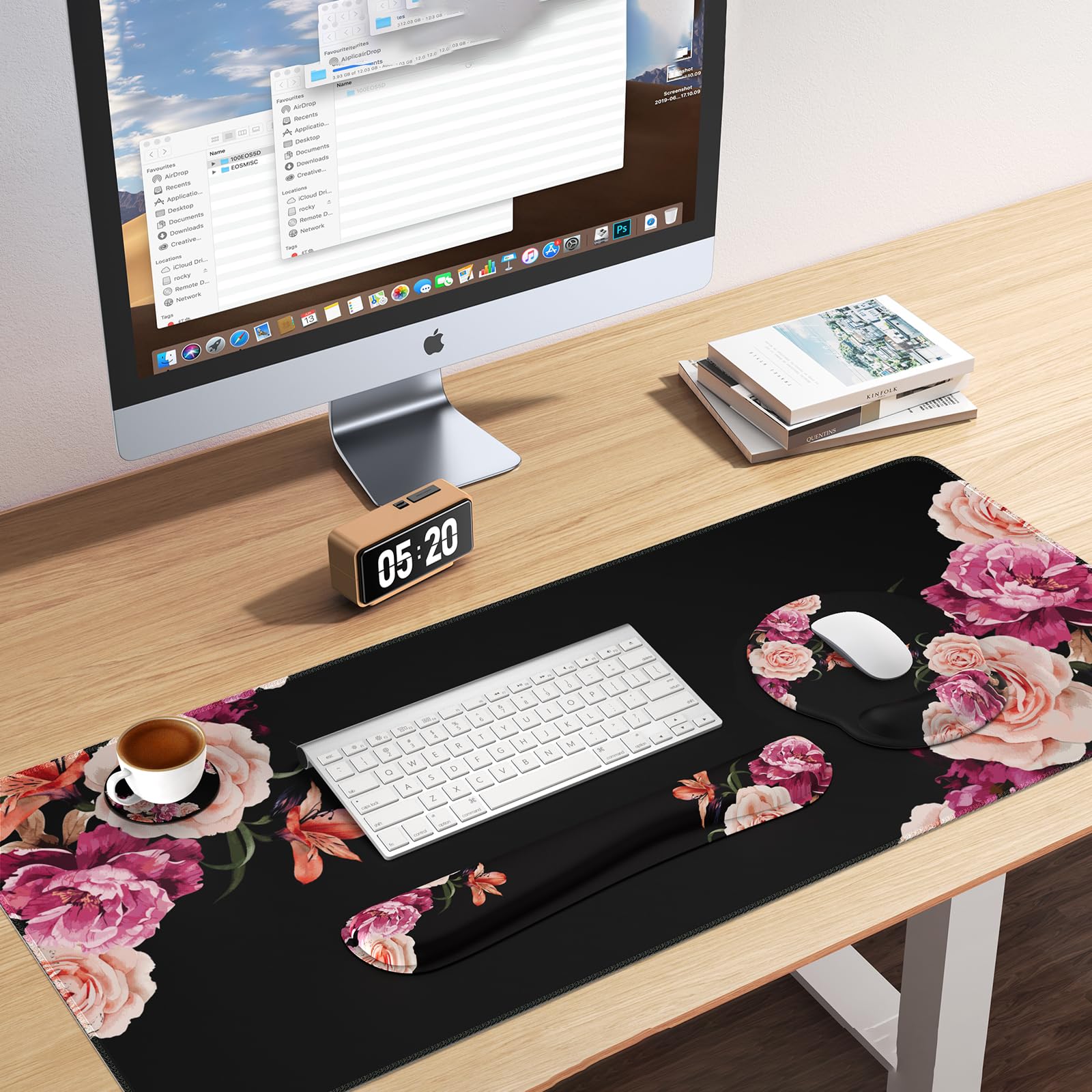 iLeadon 4-in-1 Mouse Pad Set with Wrist Rest - Large Desk Mat, Ergonomic Keyboard Wrist Support & Coaster - Non-Slip Office Accessories for Computer, Laptop, Gaming - Peony Flower Design for Home & Workspace