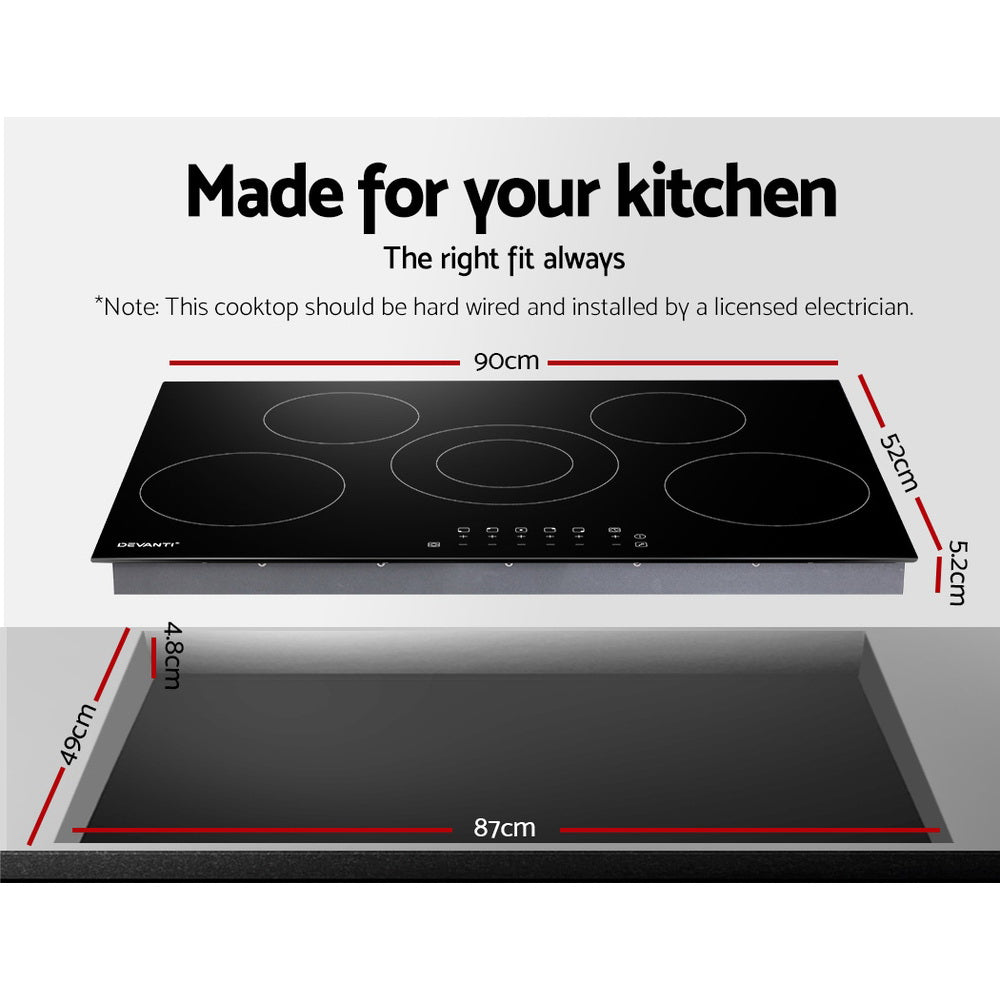 Devanti 90cm Electric Ceramic Cooktop - Fast Heating, Energy Efficient Induction Stove for Modern Kitchens | Perfect for Home Cooking, Baking & Entertaining