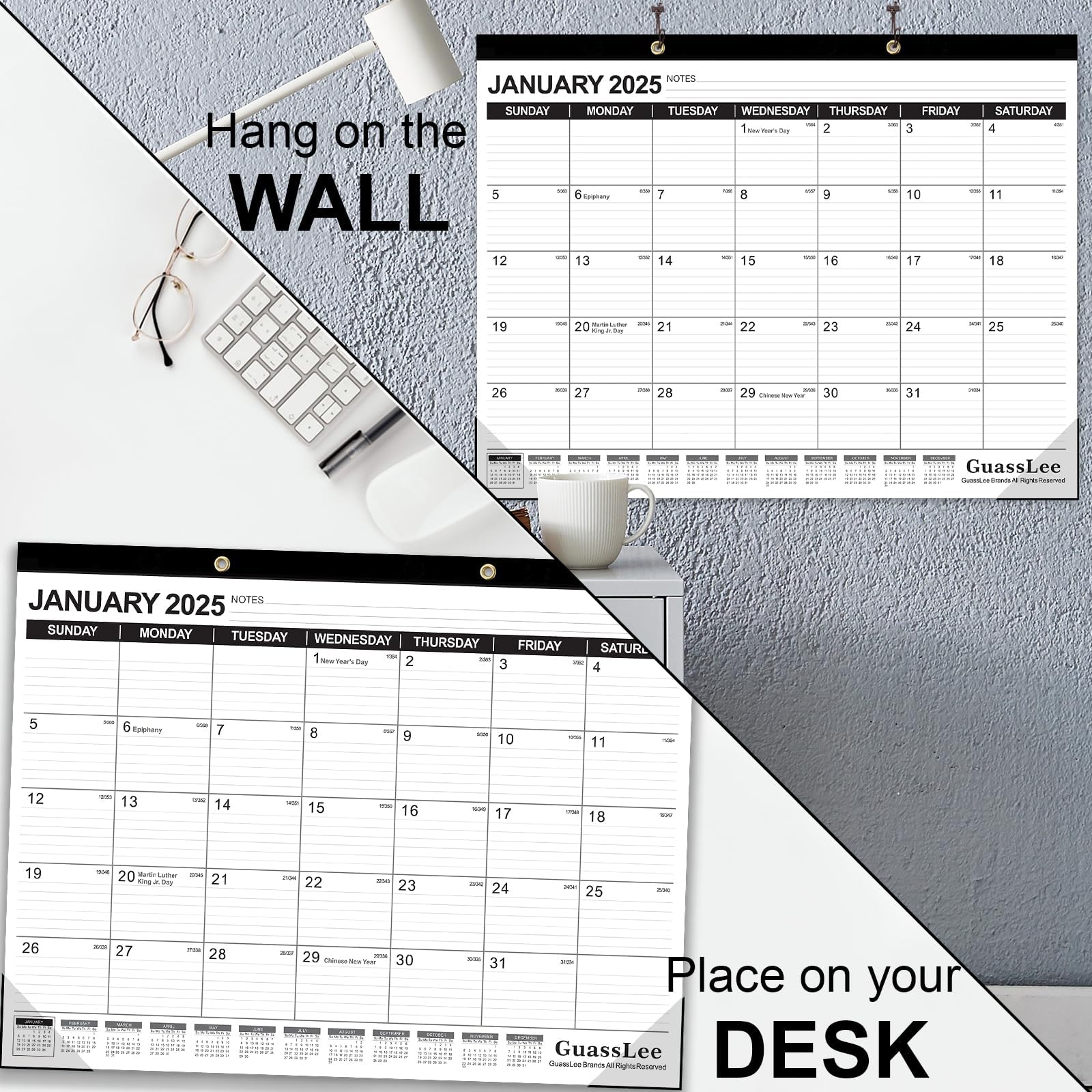 GuassLee 2025-2026 18-Month Large Desk Calendar | Jan 2025 - Jun 2026 | 22x17 Inch Wall/Desktop Planner with Julian Dates, Notes Section & Corner Protectors | Perfect for School, Home & Office Organization