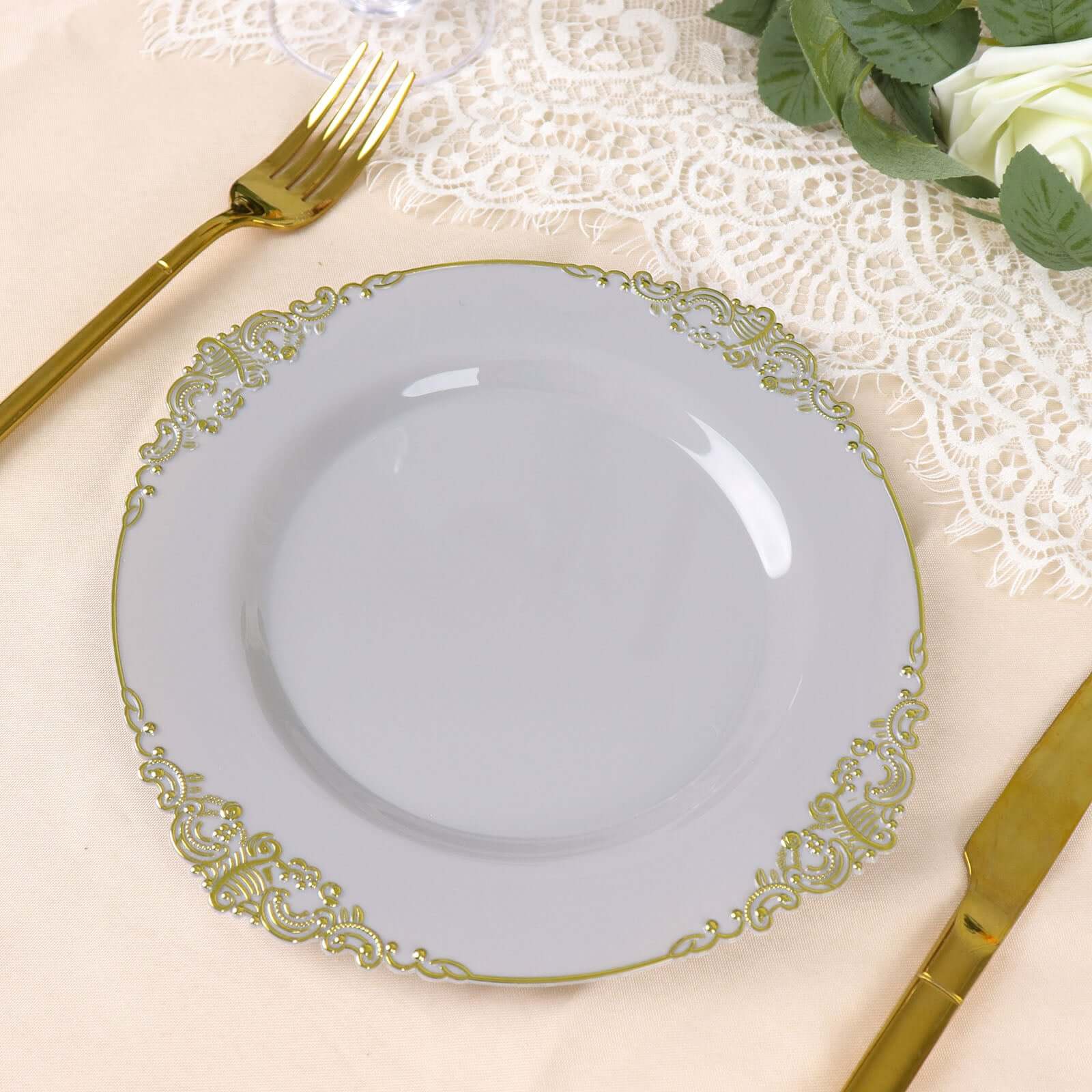 10 Pack Disposable Gray Plastic Dessert Plates with Gold Leaf Embossed Rim - Vintage Baroque Style 8 Inch Round Salad Plates for Parties, Weddings, and Elegant Dining Events
