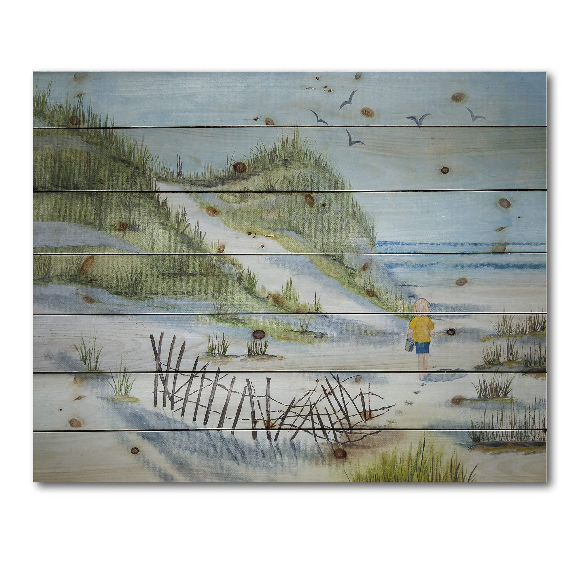DesignQ Nautical Coastal Wood Wall Art - Blue Beach-Themed Child Walking The Beach Wooden Wall Decor, Large Pine Wood Wall Panels for Nursery, Kids Room & Beach House Decor