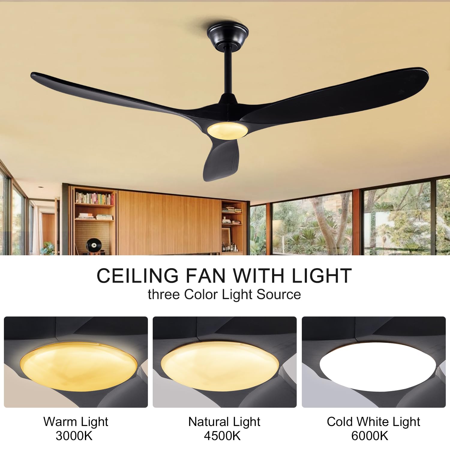 52 Inch BOJUE Modern Ceiling Fan with Lights - Indoor/Outdoor Remote Control Fan, 3 Wooden Blades, 6 Speed Settings, Black - Perfect for Porch, Living Room, Bedroom, and Patio Cooling