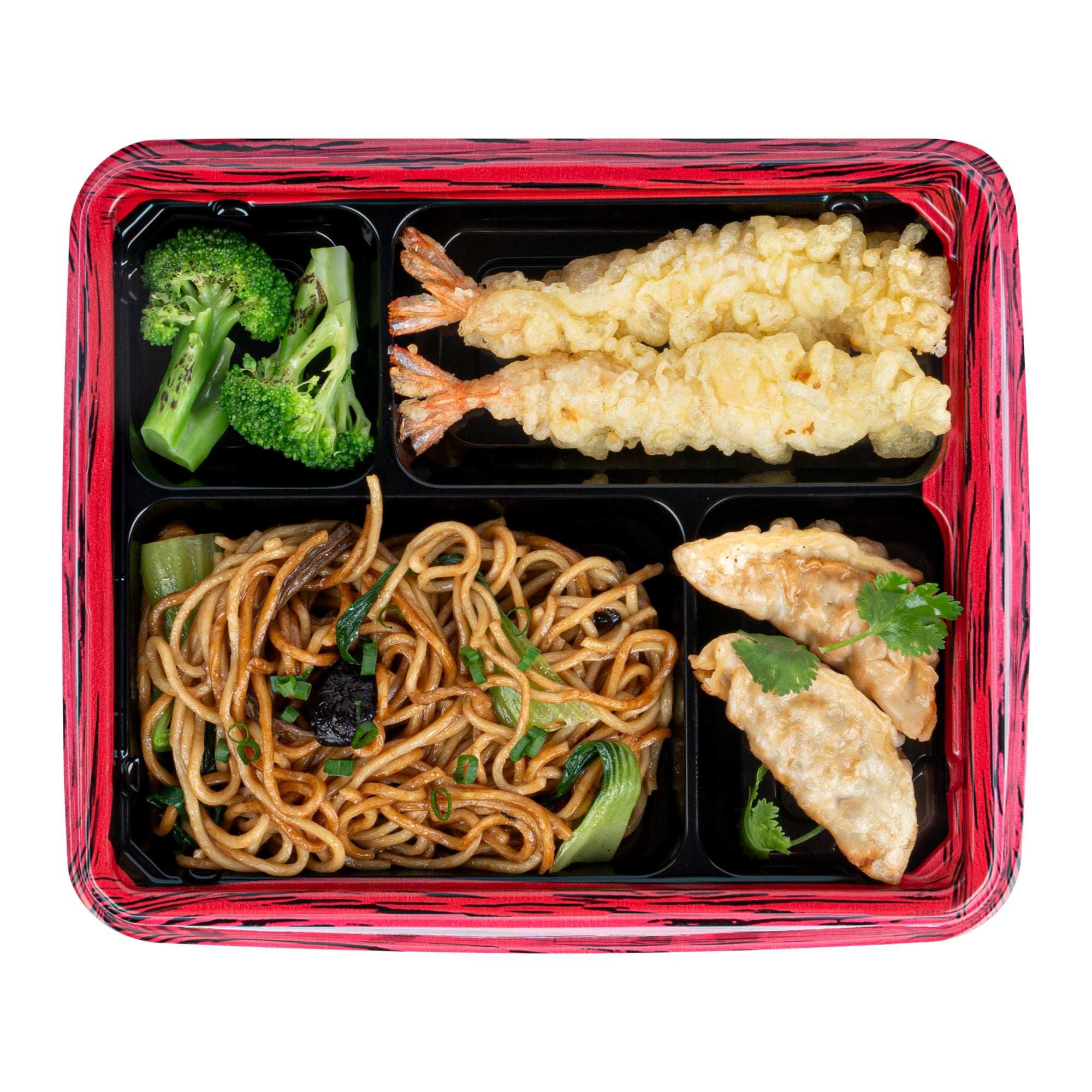 Bento Tek 15 oz Rectangle Red and Black Plastic Bento Box with 4 Compartments | 8.75