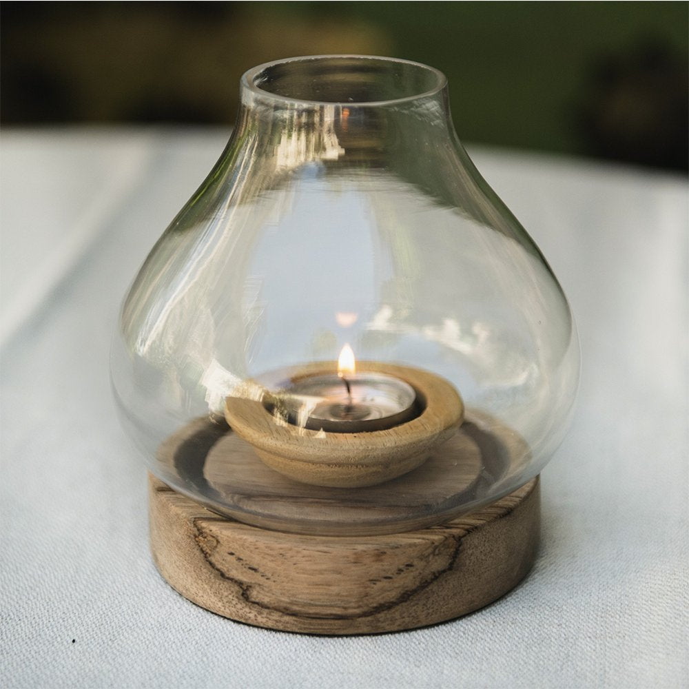 Handmade Glass Lantern with Mango Wood Base - Elegant Home Decor for Living Room, Bedroom, or Outdoor Patio Lighting
