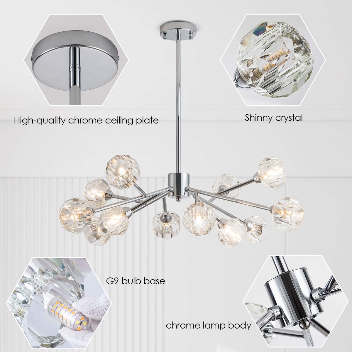 Modern Crystal Chandelier - 12-Light Chrome Fixture for Dining Room & Kitchen Island