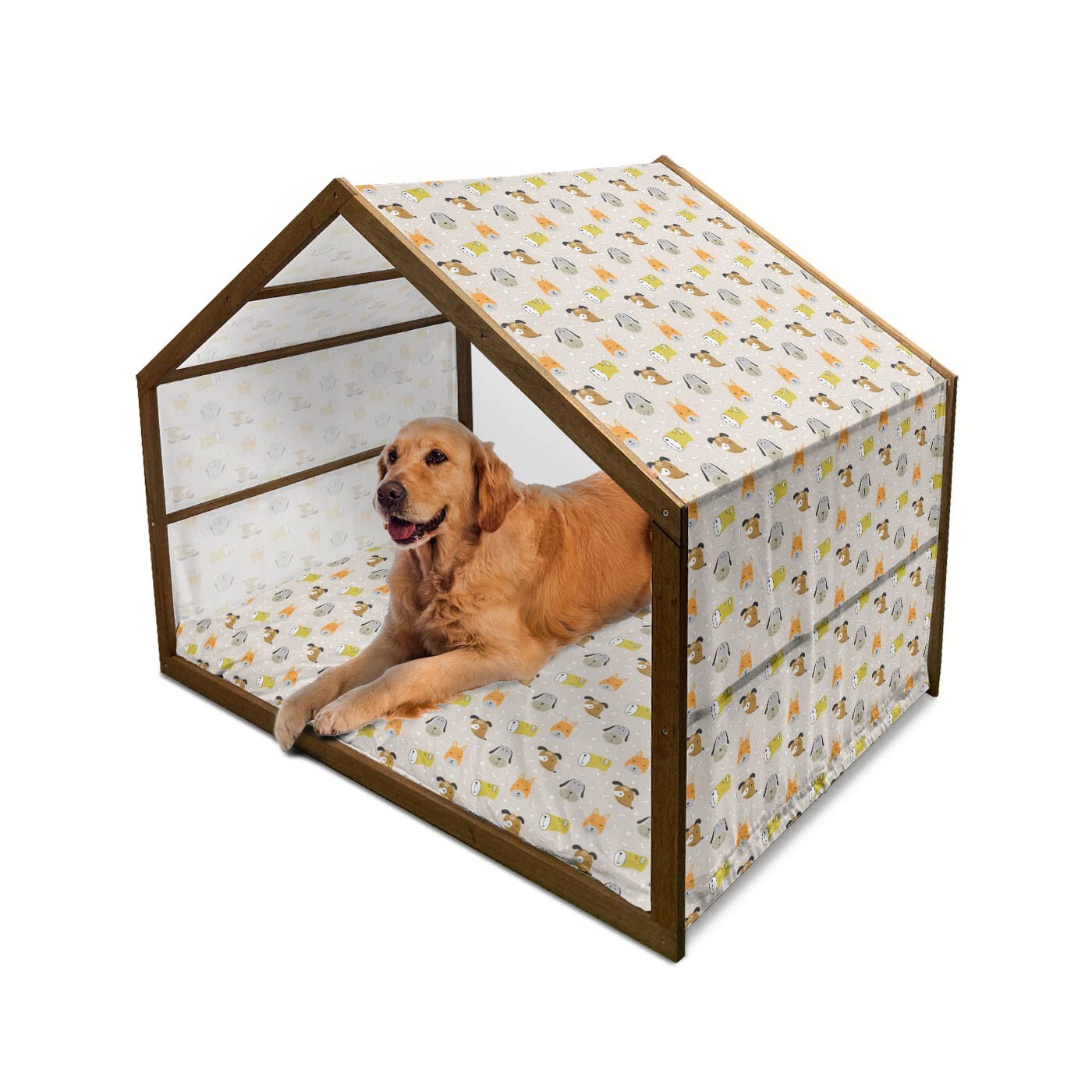 Ambesonne Cartoon Wooden Dog House - Colorful Dog Faces on Bones Design, Indoor & Outdoor Portable Pet Kennel with Pillow & Cover, 2X-Large, Multicolor - Perfect for Backyard, Patio, or Home Decor