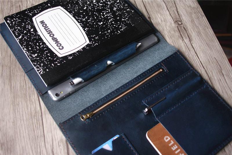 Personalized Blue Leather iPad Case with Pencil Holder - Premium Protection for Work, School & Travel