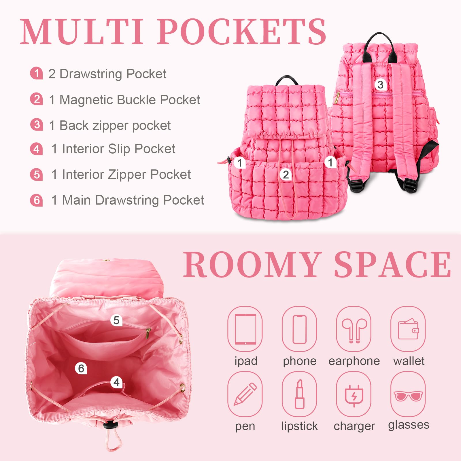 Iqimott Quilted Puffer Backpack for Women - Stylish Nylon Casual Daypack, Lightweight Hiking & Gym Bag with Adjustable Drawstring - Perfect for Travel, School & Outdoor Activities (Pink)