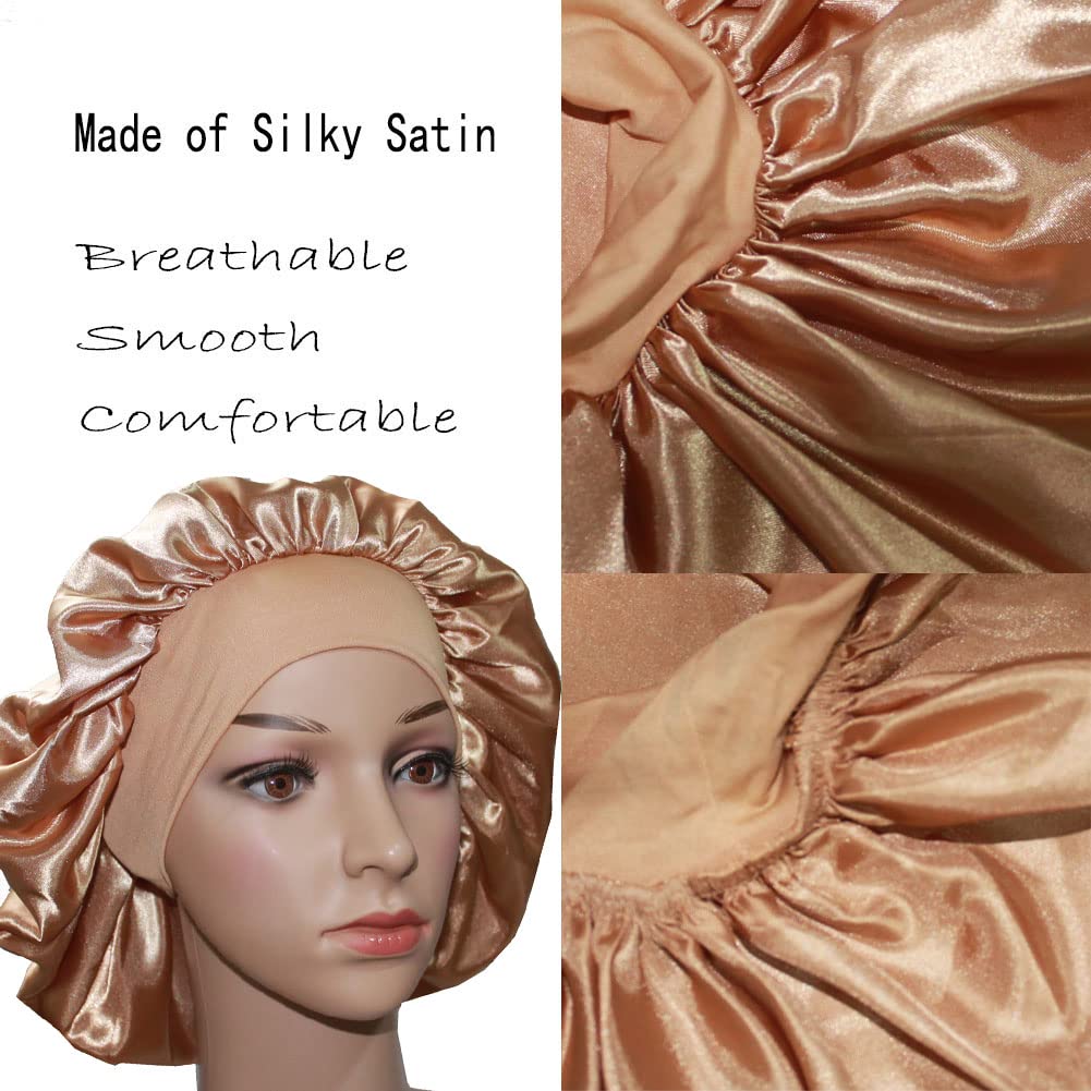 VEYRNEIC Satin Sleep Bonnet for Women - Wide Elastic Band Silk Night Cap for Braids & Natural Hair - Shower & Chemo Cap with Storage Bag (Gold) | Perfect for Nighttime, Travel & Hair Protection