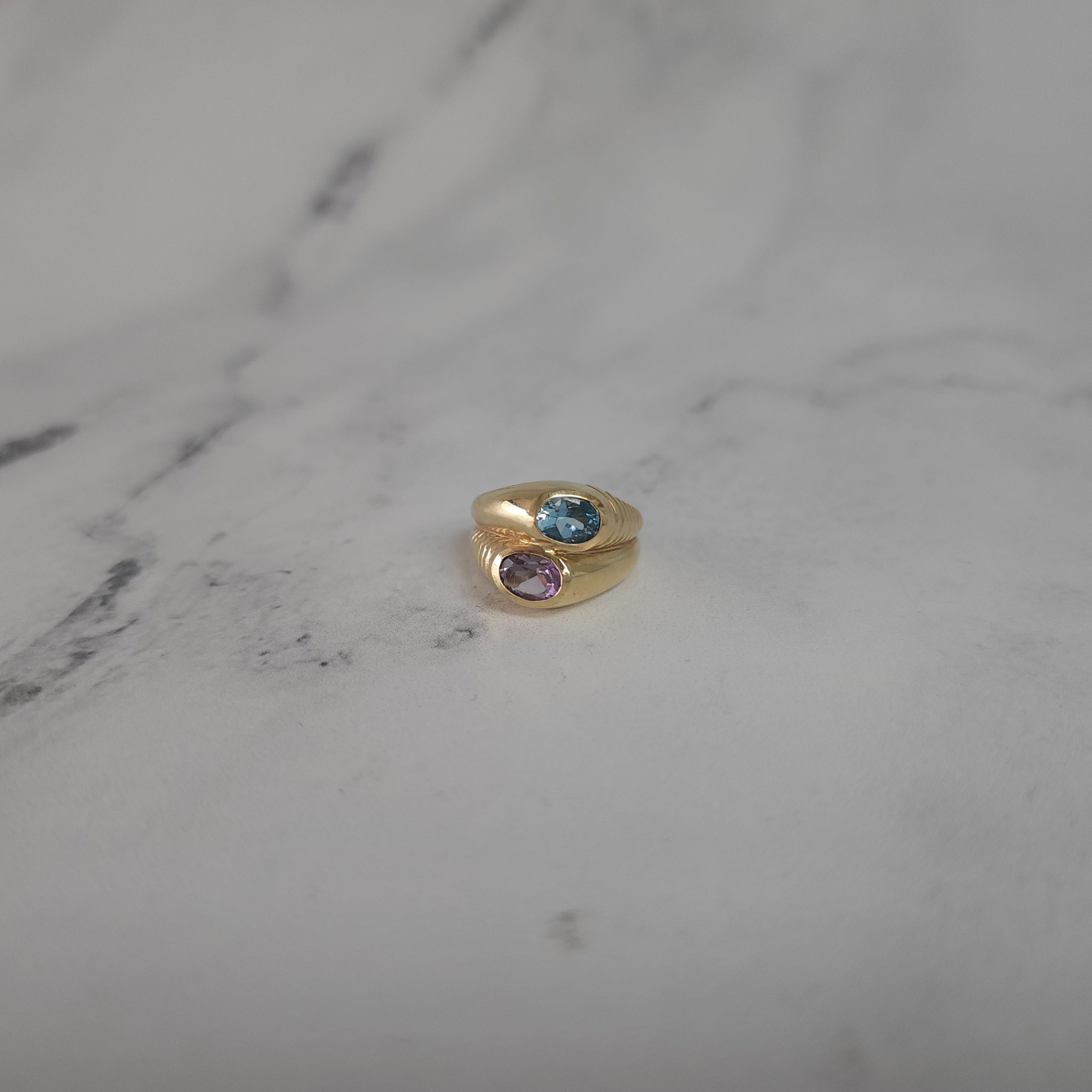 14K Yellow Gold Amethyst & Blue Topaz Bypass Ring - Elegant Stackable Jewelry for Women, Perfect for Weddings, Anniversaries & Everyday Wear