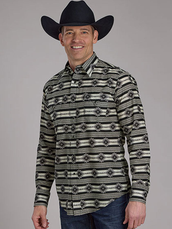 Roper Men's Long Sleeve Snap Shirt with Horizontal Print - Black | Western Style Casual Shirt for Cowboy, Rodeo & Outdoor Activities