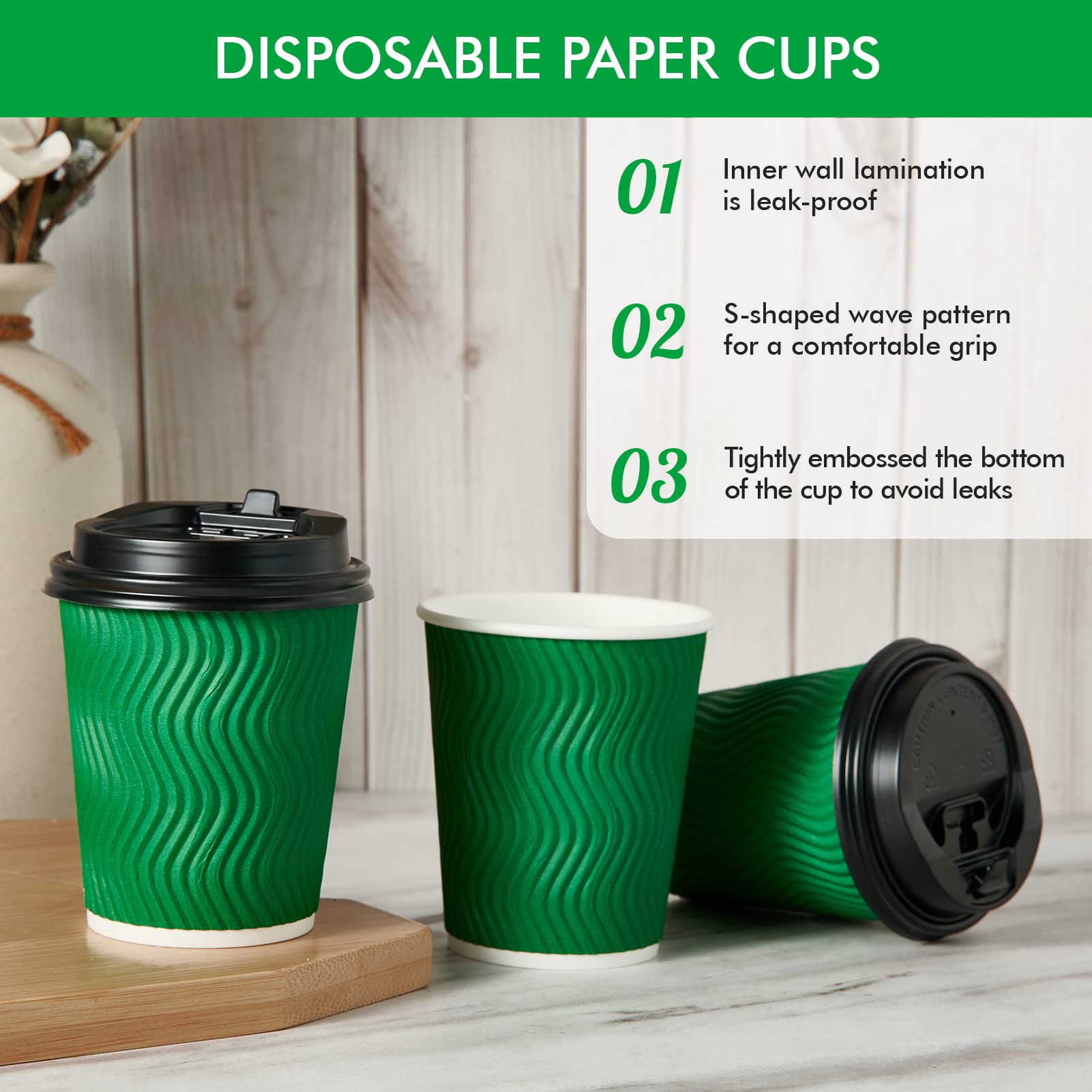 8 OZ Insulated Paper Coffee Cups with Lids (100 Count) - Hot & Cold Drink To-Go Cups, Ripple Wall Design for Heat Retention - Perfect for Coffee Shops, Offices, and Home Use
