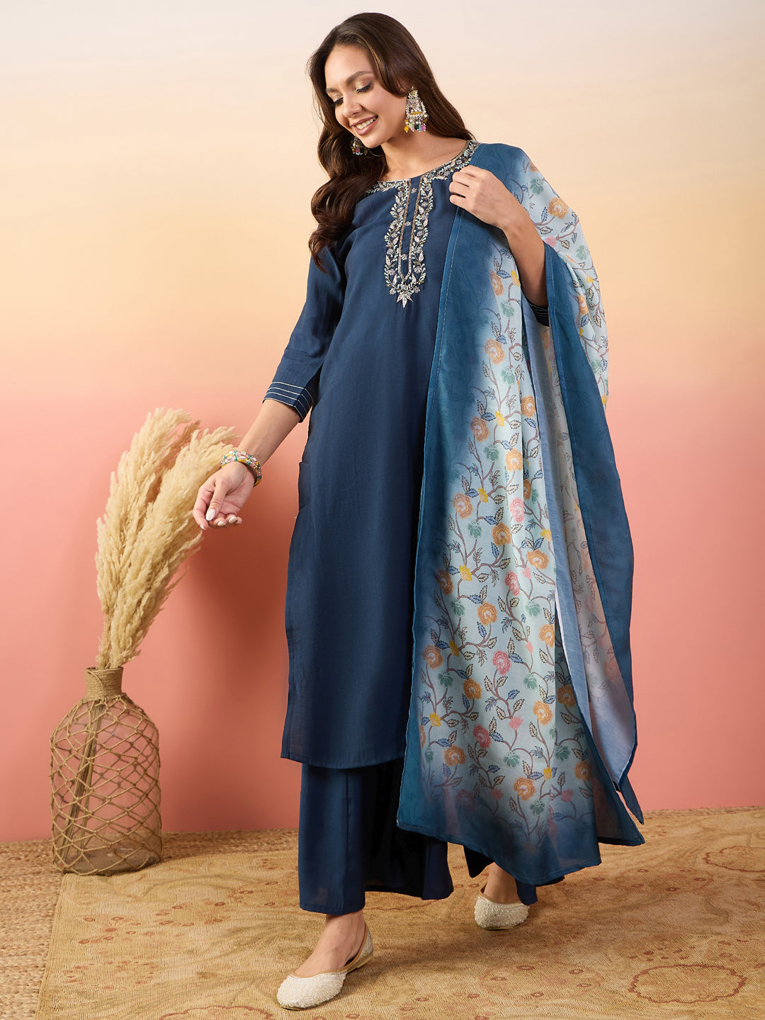 Blue Designer Ready-Made Pant Suit with Embroidery Work - Elegant Women's Formal Wear for Weddings, Parties & Office