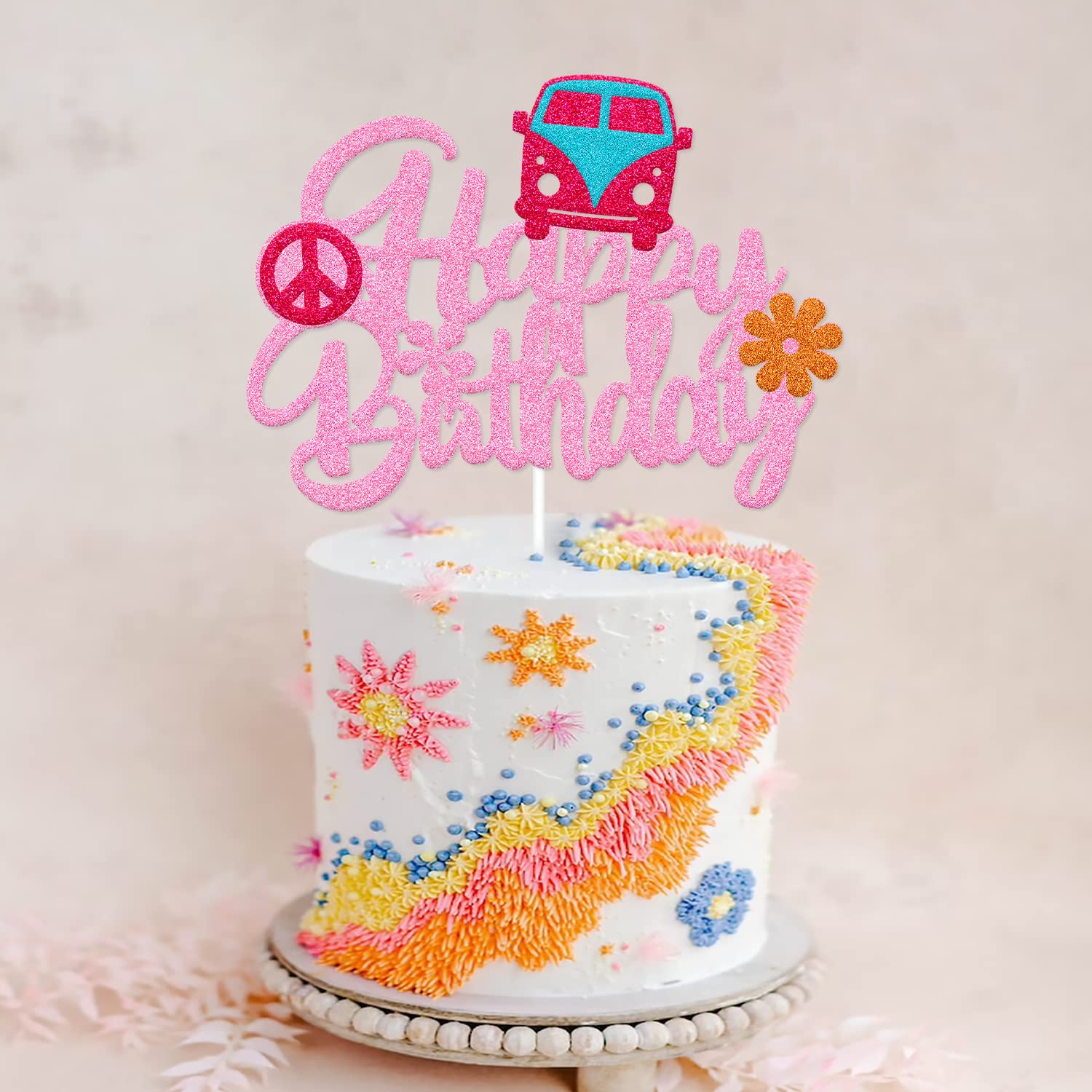 Groovy Hippie Cake Topper - Happy Birthday Boho Flower Decorations for Women & Girls | 60s Theme Party Supplies | Perfect for Hippie Birthday Cakes, Boho Baby Showers & Retro Celebrations