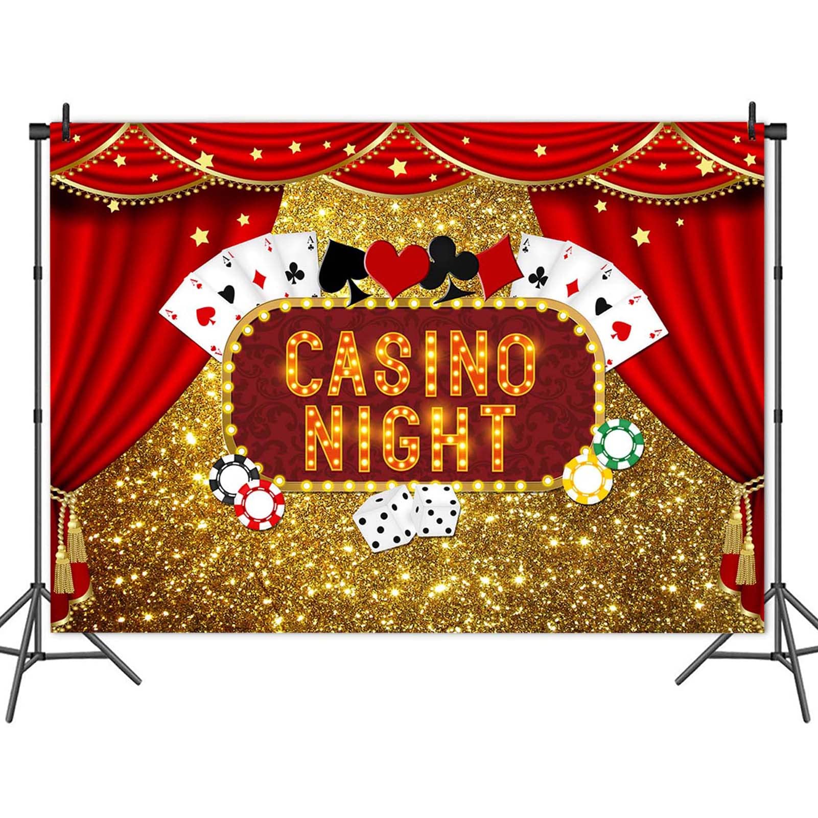 Las Vegas Gold Glitter Bokeh Photography Backdrop 7x5ft - Casino Night Poker Dice Red Curtain Photo Background for Birthday Parties, Prom, Studio Shoots & Dessert Table Decor | Polyester Party Banner & Booth Props