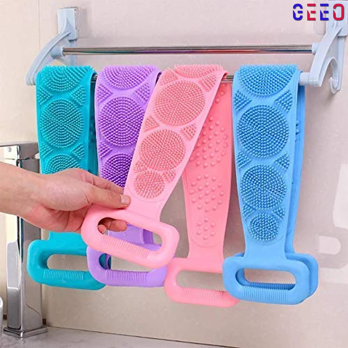 GEEO Silicone Body Scrubber Belt - Dual-Sided Exfoliating Shower Scrubber for Deep Cleansing, Replaces Bath Towel & Loofah - Perfect for Spa, Gym, and Home Shower Routine
