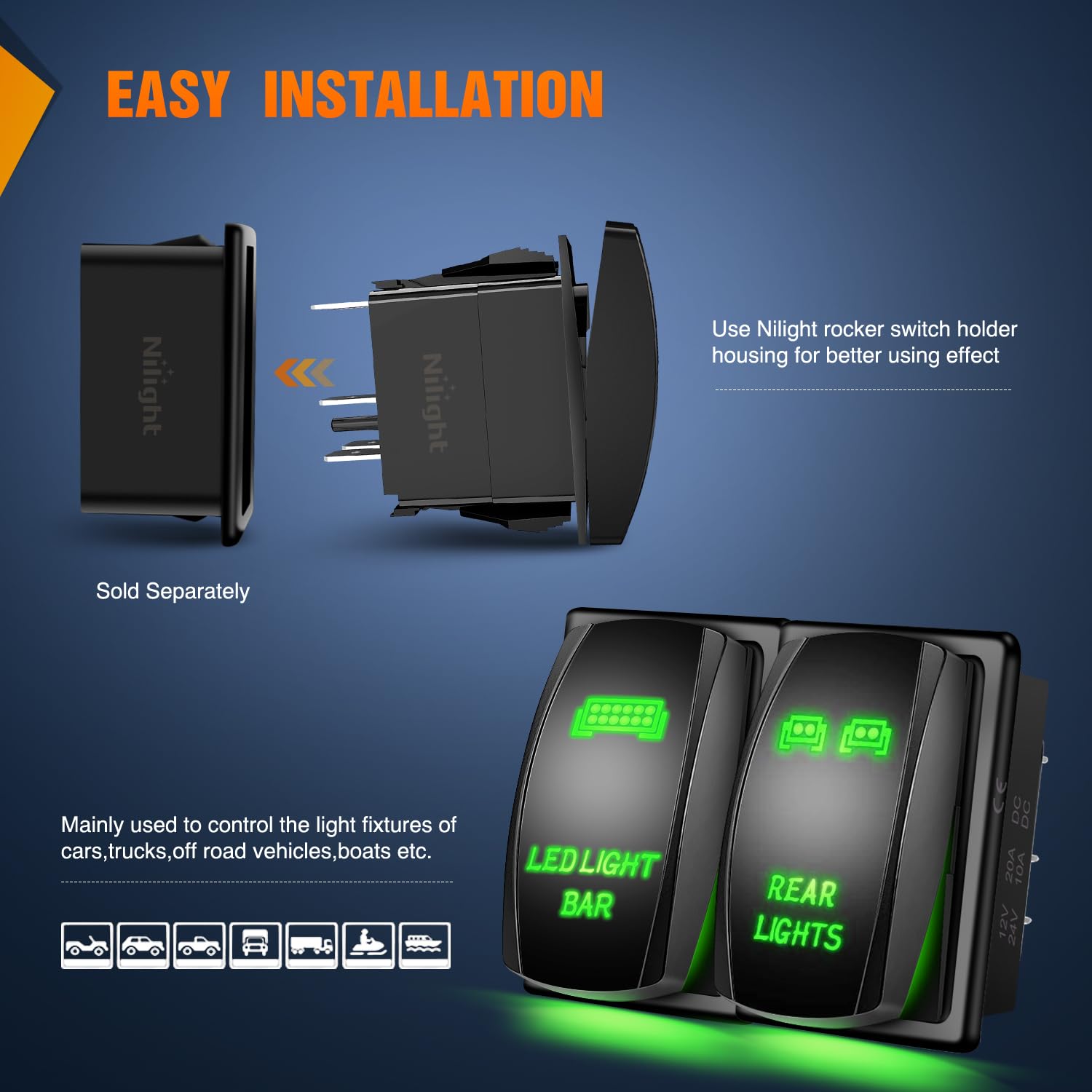 2Pcs 5-Pin Laser On/Off LED Light Bar Rocker Switch with Green Illumination - Perfect for Off-Road Vehicles, ATVs, Boats & Marine Applications