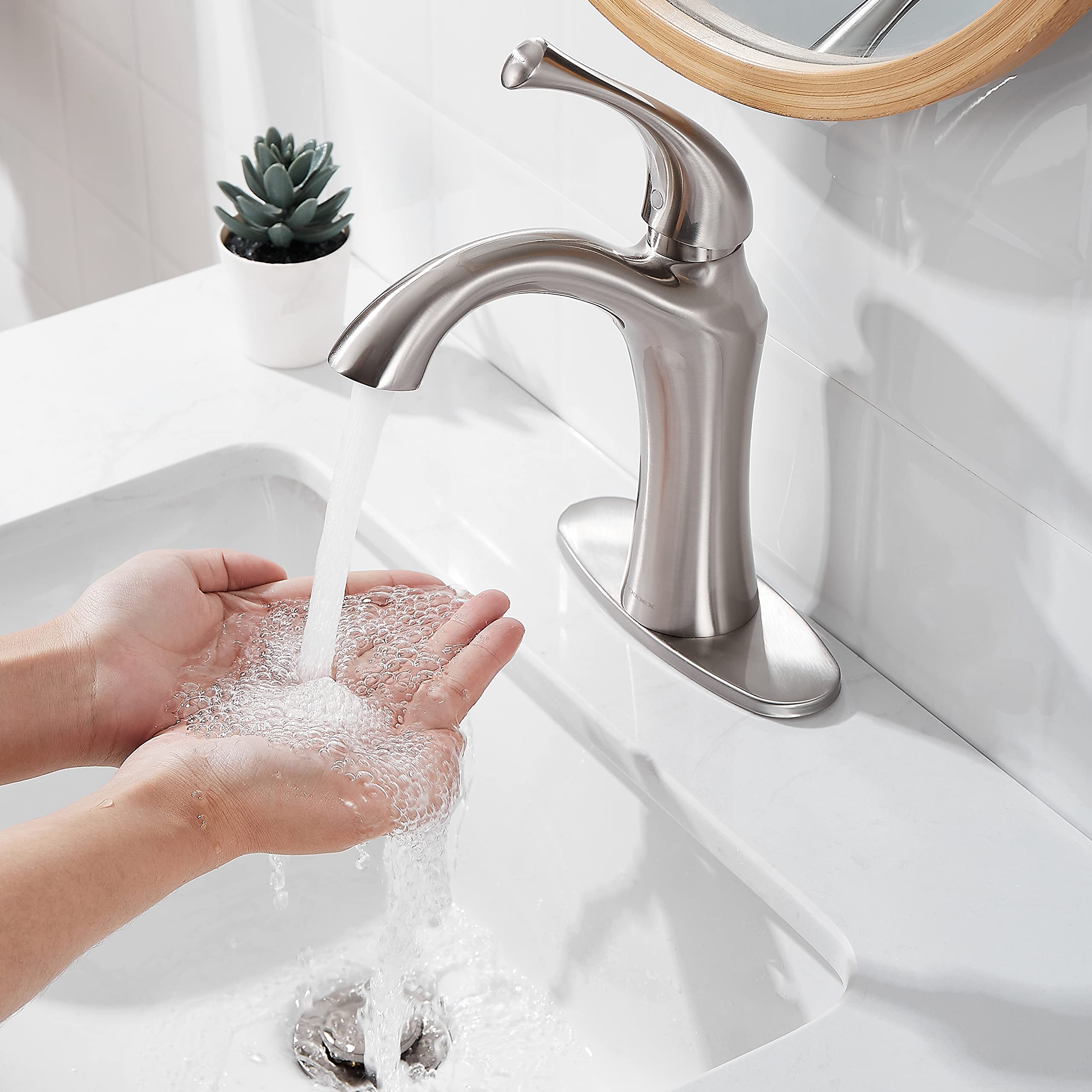 Modern Single Handle Bathroom Sink Faucet - Brushed Nickel 1 or 3 Hole Vanity Faucet with Pop-up Drain & Deck Plate - Easy Install Basin Faucet for Bathroom, Powder Room & Guest Bathroom