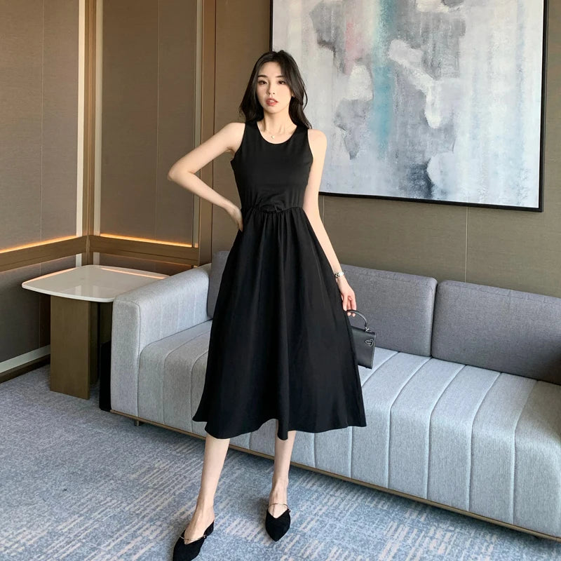 Black O-Neck Sleeveless Slimming Tank Dress for Women - High Waist Solid Color Summer Maxi Dress - Perfect for Casual Wear, Office & Beach Outfits