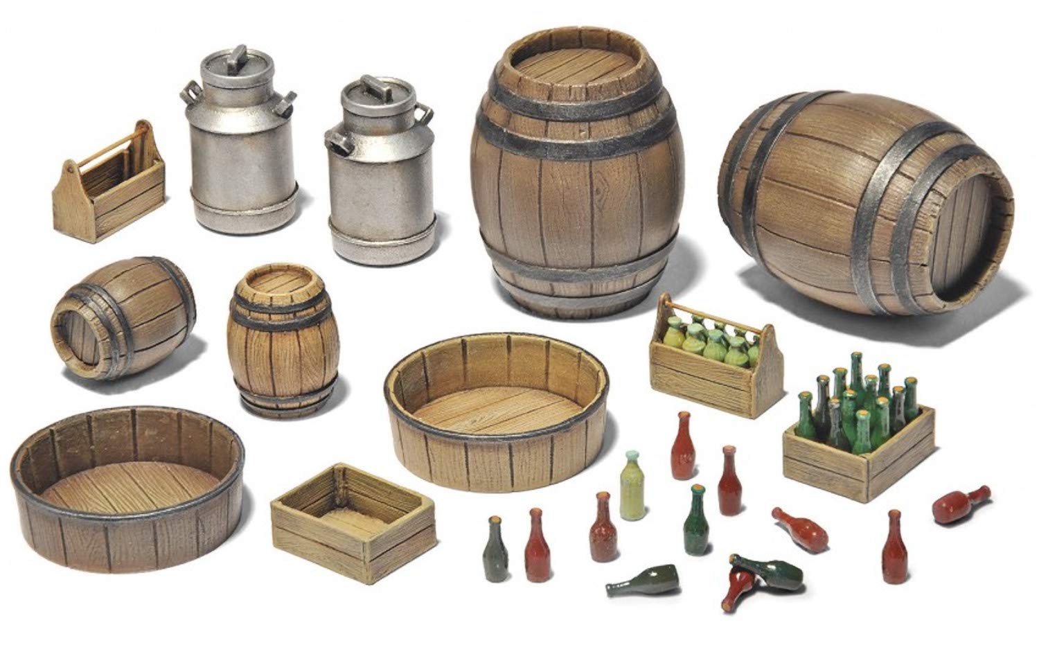 1:35 Scale Wooden Barrels & Village Utensils Plastic Model Kit - Miniature DIY Craft Supplies for Warhammer, Diorama, Train & Village Scenes - Multicolor Small Building Accessories