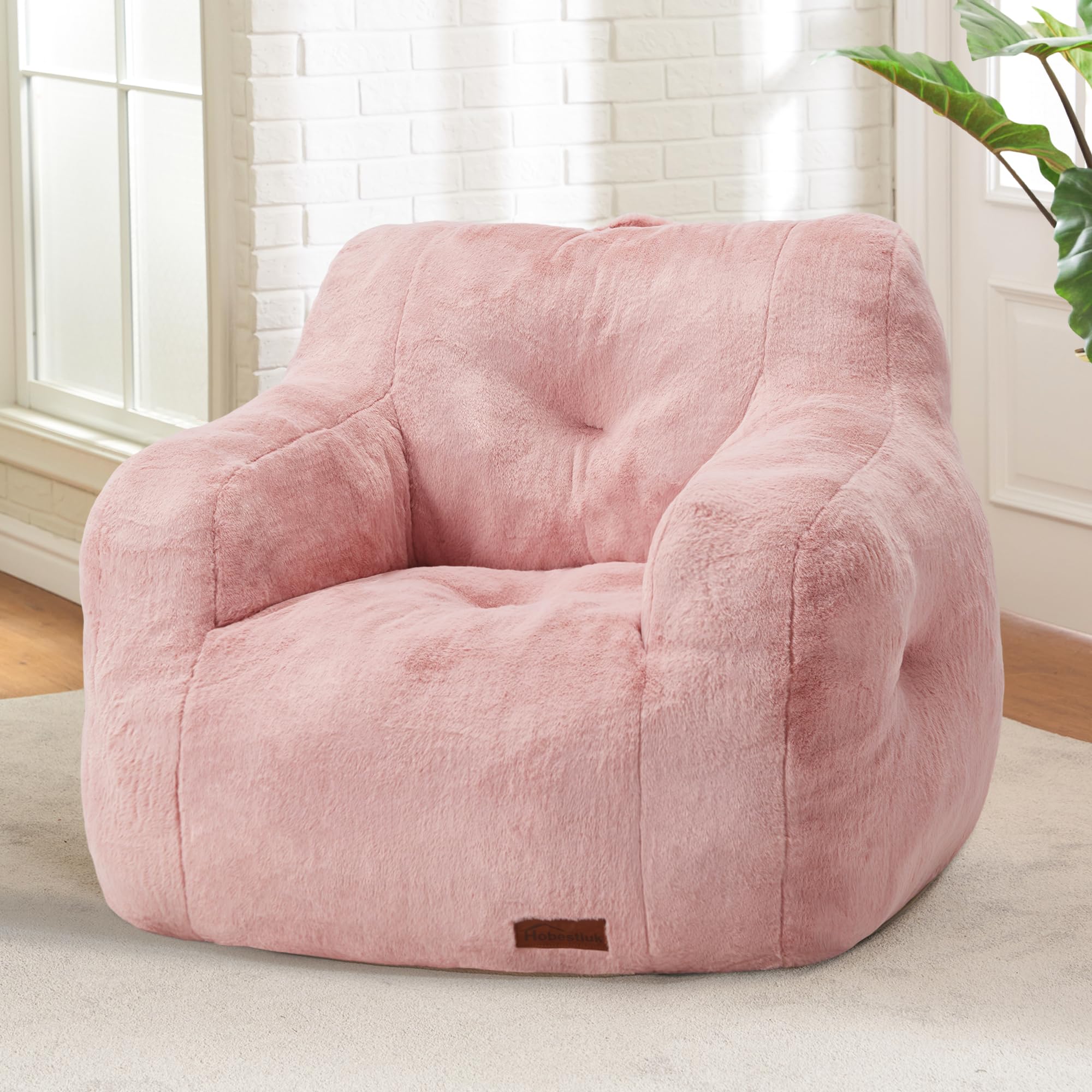 Hobestluk Furry Bean Bag Chair with Arms & Foam Filler - Small Bean Bag Sofa for Adults, Teens - Cozy Reading Chair for Bedroom, Living Room, Dorm, Game Room - Soft Pink Plush Seating (Pink)
